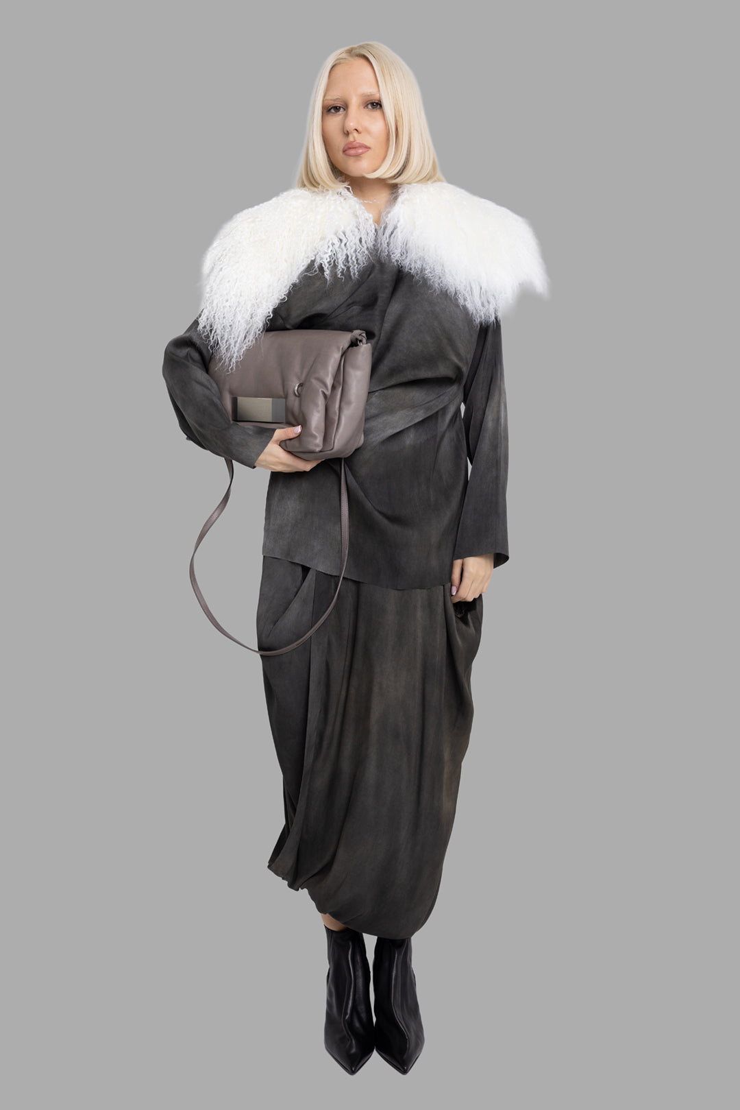 Uma Wang women's dark grey Tavella Trek silk draped top, full-length on-model view with fluid layered panels.