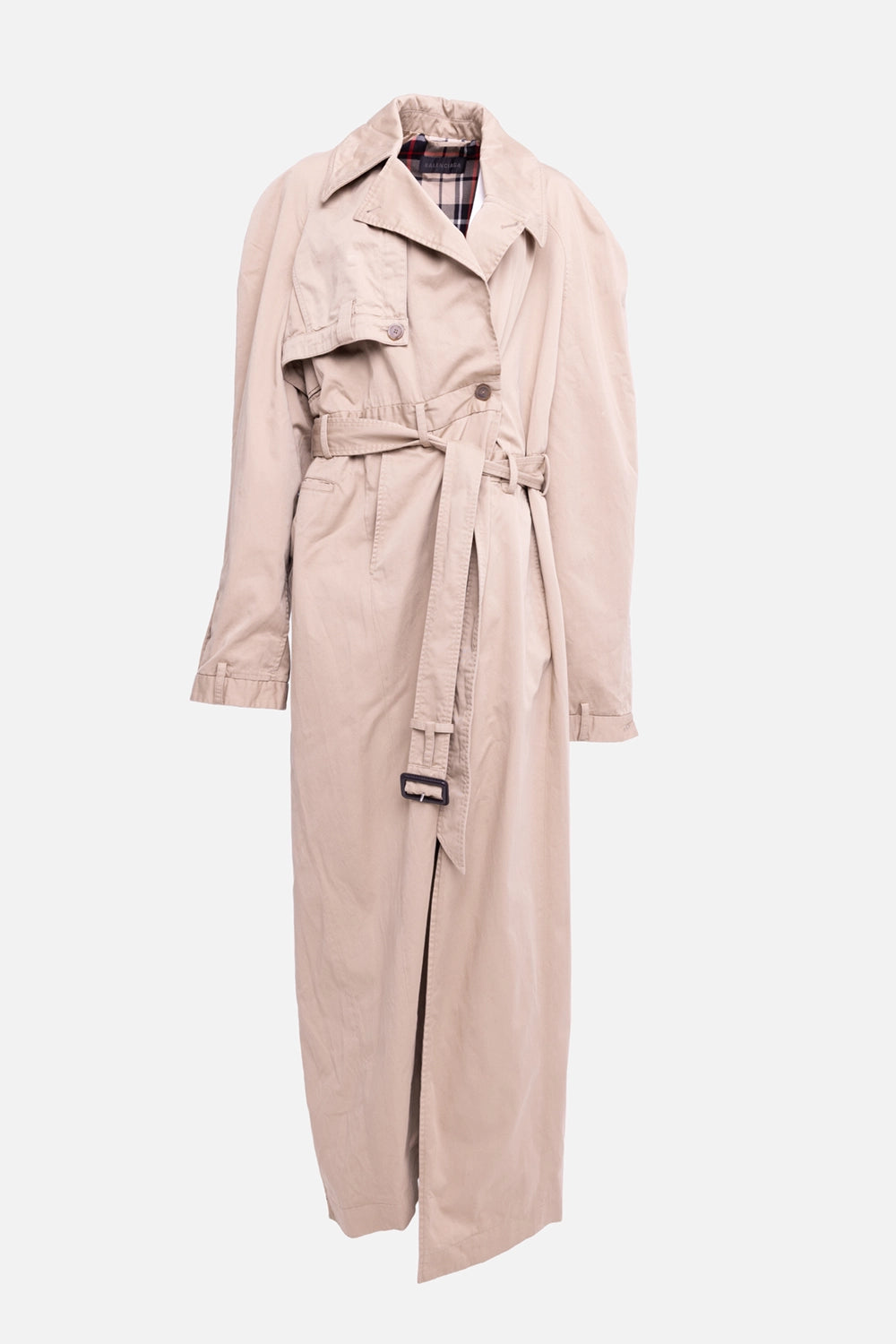 Pre-owned Balenciaga women's trench coat in beige, front view, draped storm flap and buckle belt