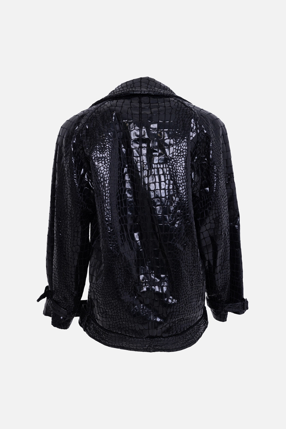 Pre-owned Saint Laurent women’s trench coat in black, back view, croc-embossed finish with glossy texture