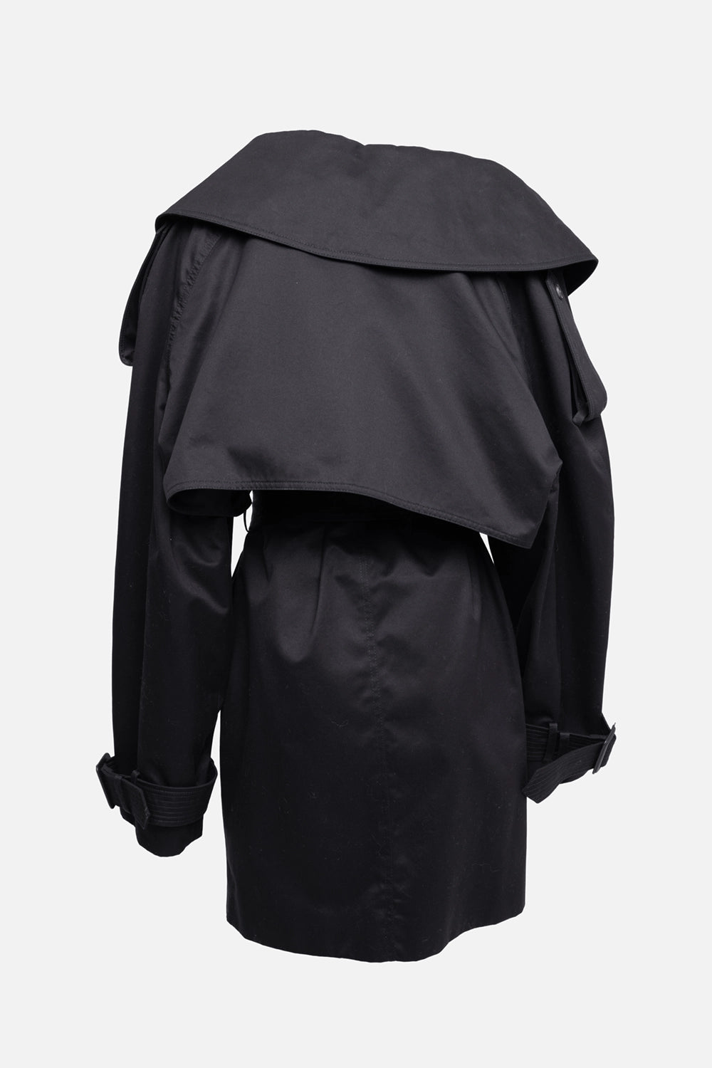 Pre-owned Balenciaga women's trench coat in black, back view, cape-style storm yoke and cuff straps with buckles
