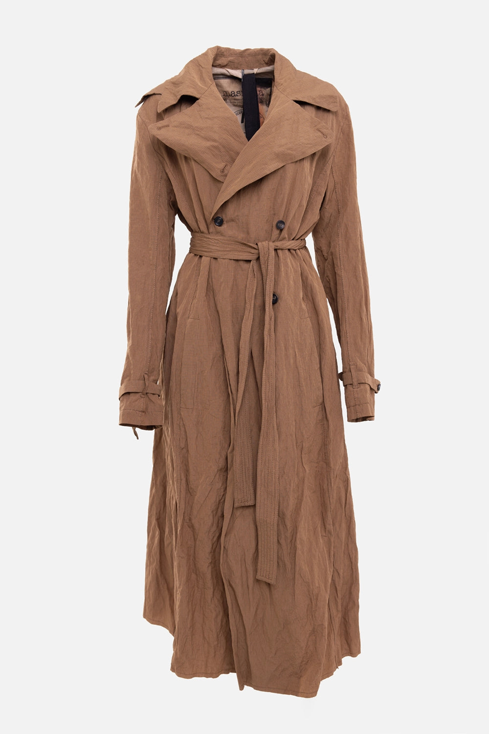Masnada women's trench coat in copper, front view, wide lapels and tied belt
