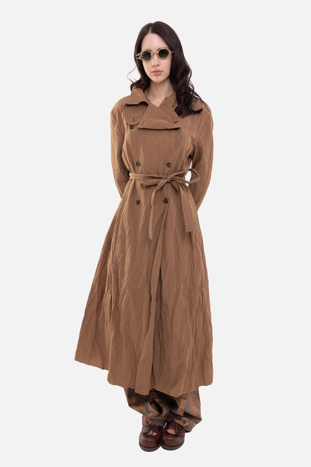 Masnada women's trench coat in copper, on-model full-length view, waist belt and double-breasted front