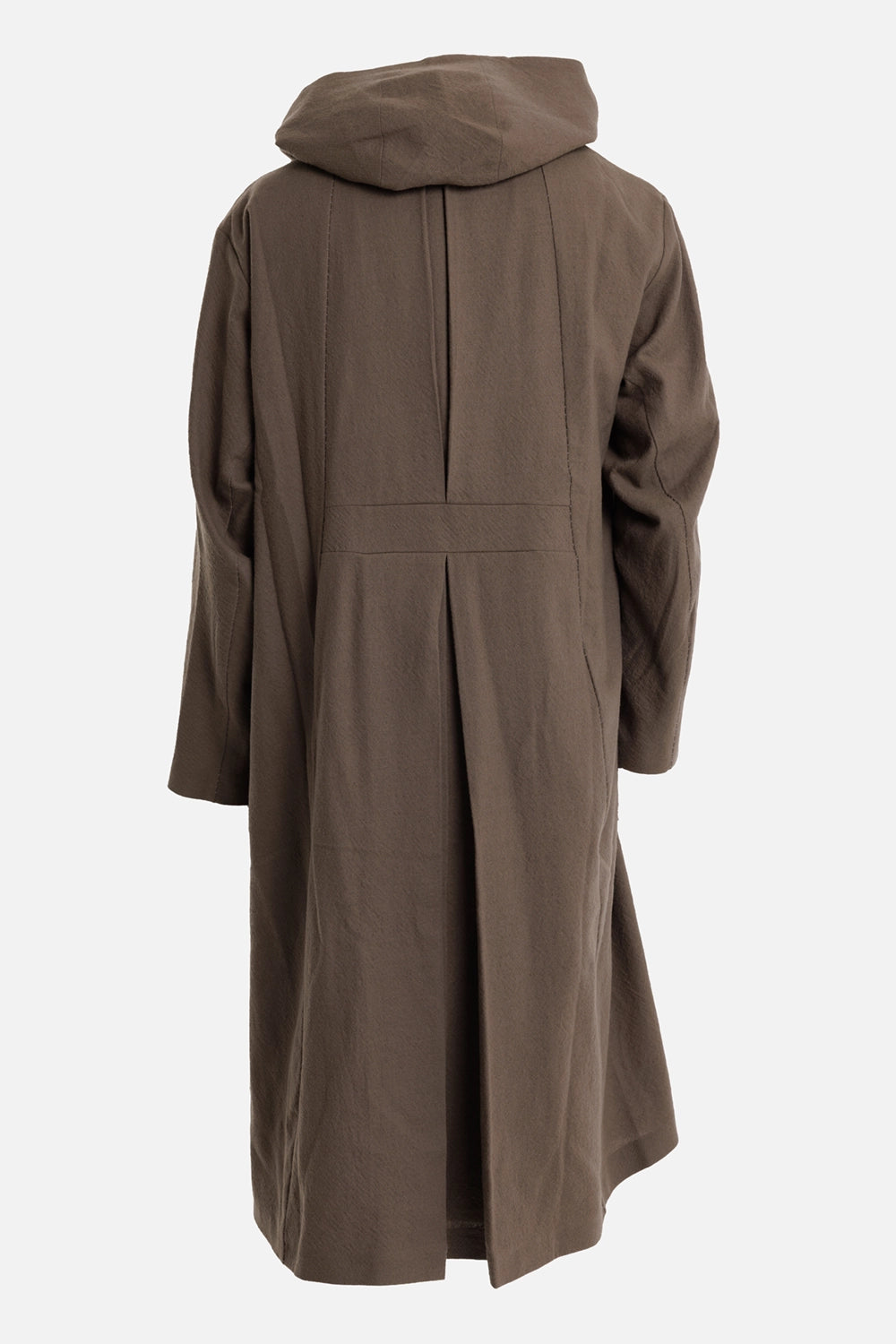 Masnada men's trench coat in Marsh, back view with oversized hood, waist seam and deep box pleat