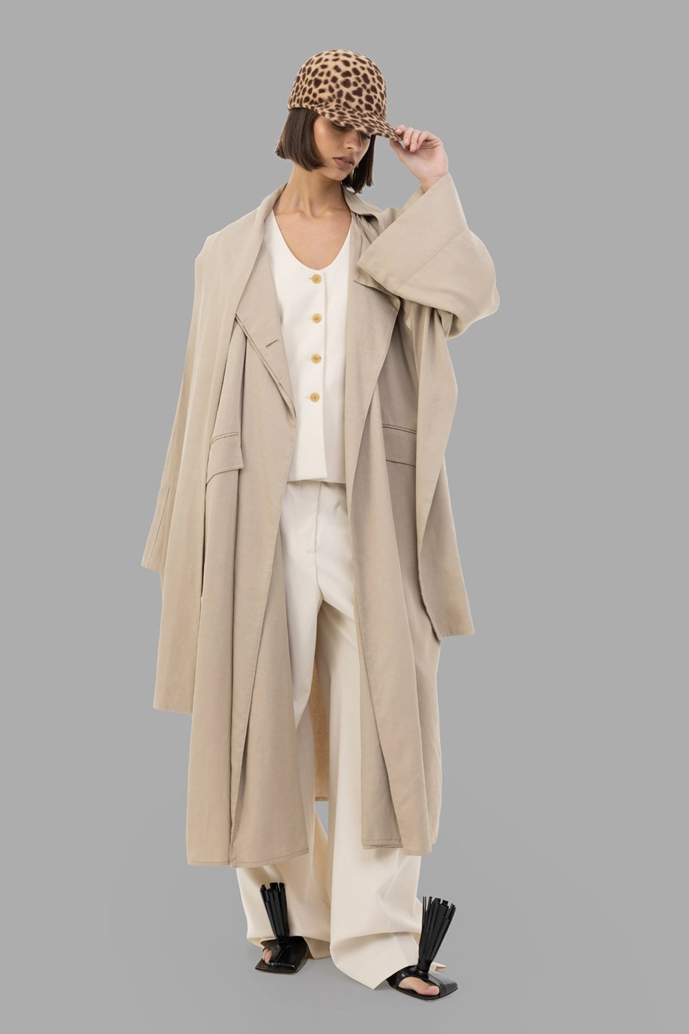 By Malene Birger women trench coat in Tehina, on-model full length, attached scarf collar.