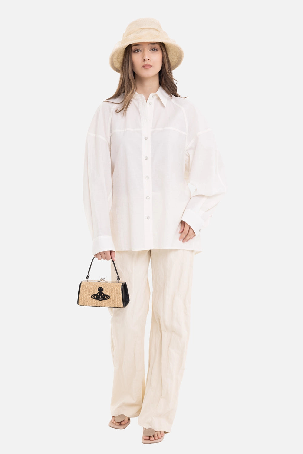Helmut Lang women's trench shirt in winter white, on-model full length with oversized cuffs and button placket