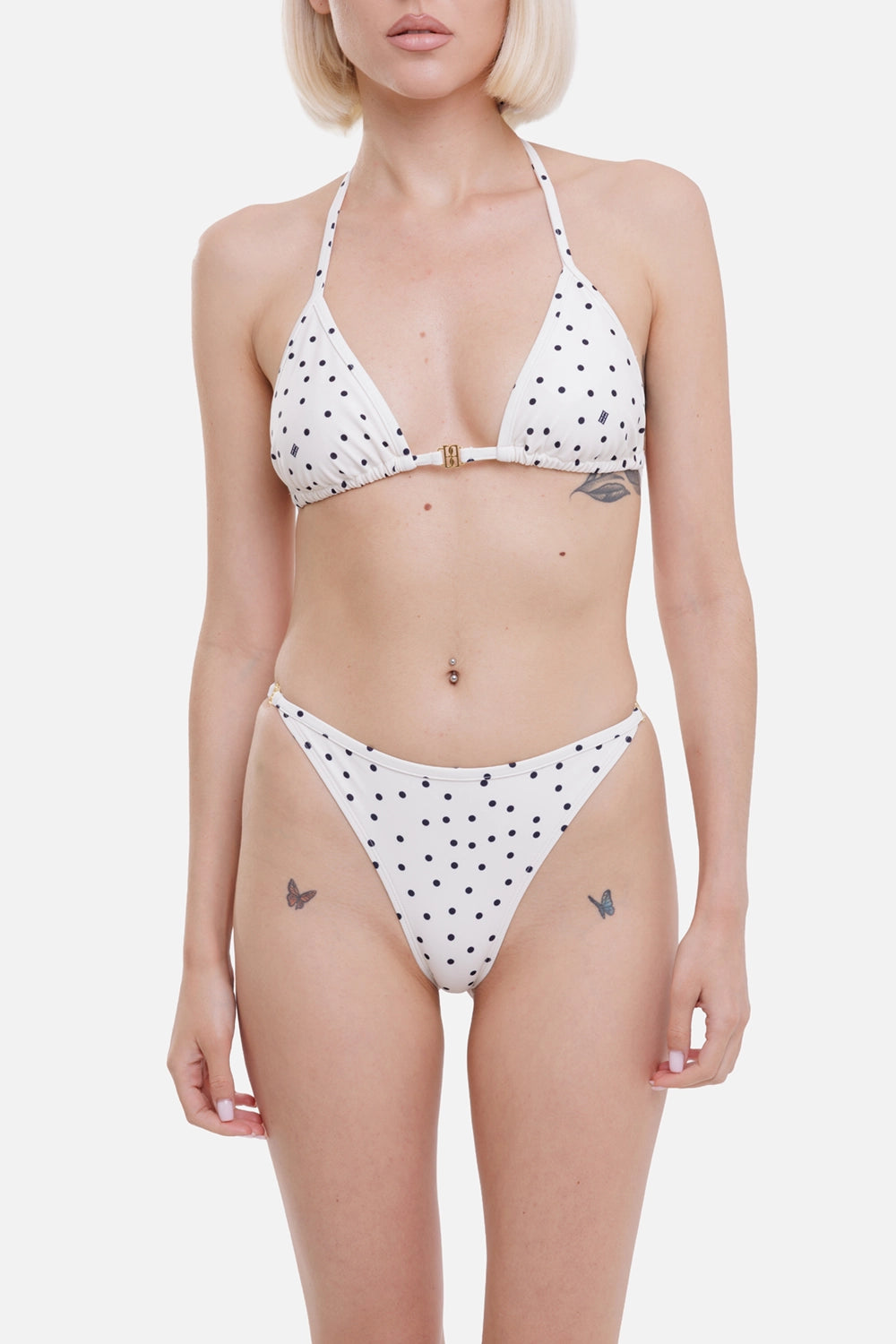 By Malene Birger women's triangle bikini set in Polka Dot Print, on-model half length, clasped cups and high-cut briefs
