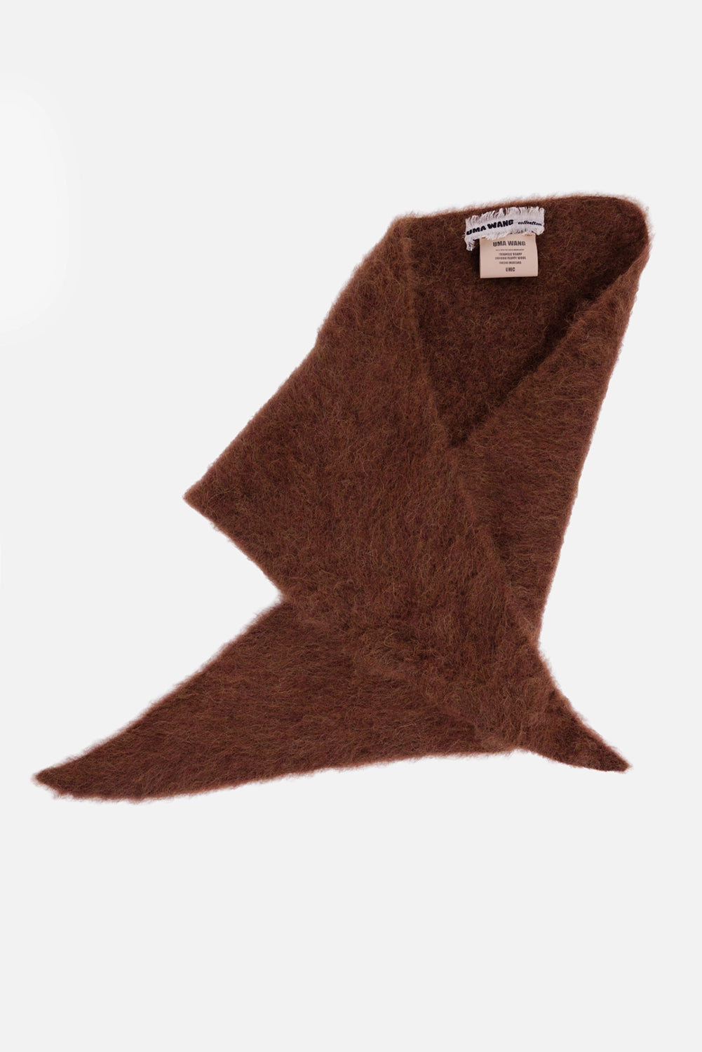 Uma Wang triangle scarf in mustard, label view showing woven brand label and soft brushed surface