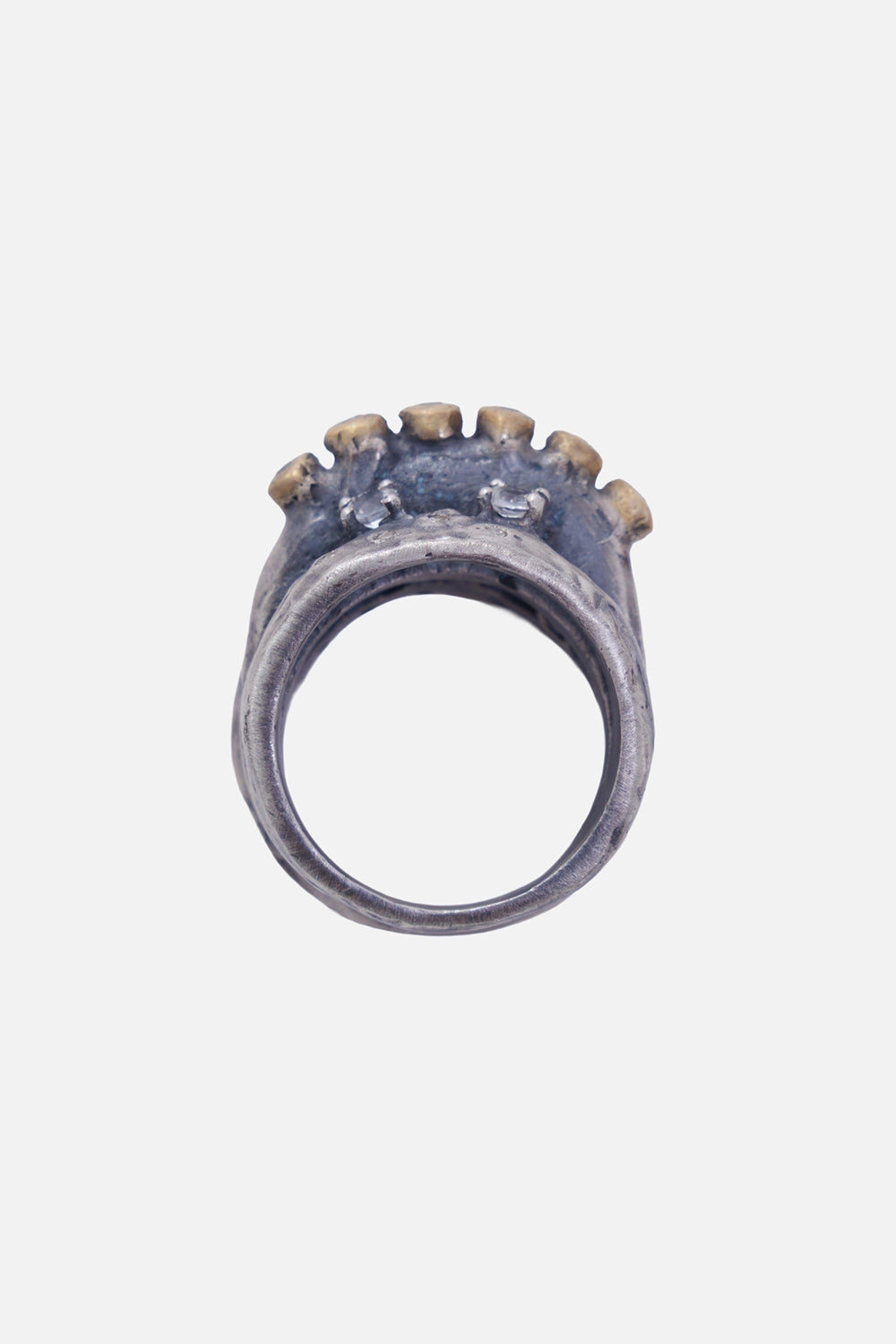 Kundo unisex Freya ring in silver and gold-tone, back view with an open triple-band structure and gold-tone settings