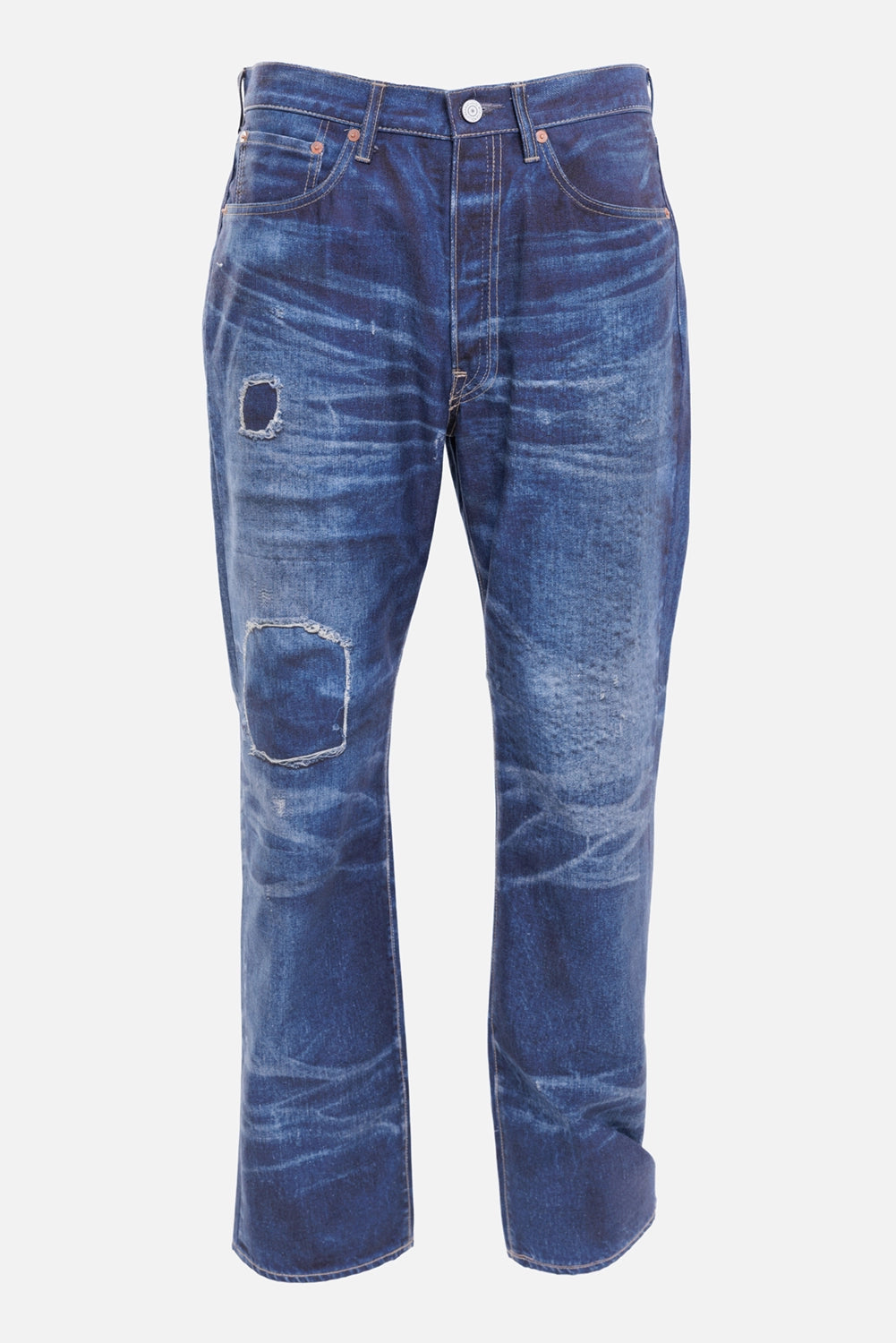 Junya Watanabe MAN men's jeans in indigo, front view, five-pocket styling and patched distressing