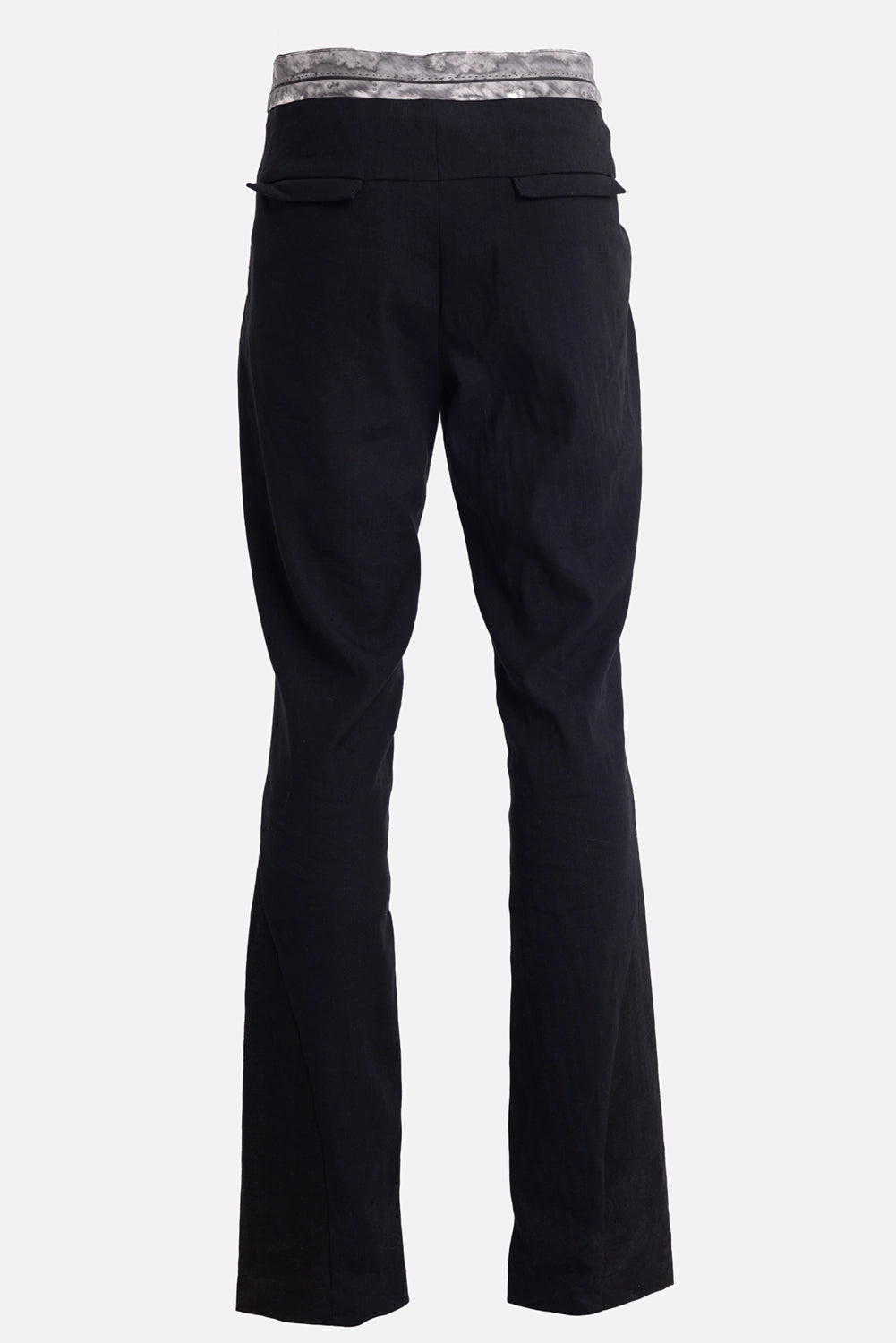 Giovanni Cavagna men's trousers in black, back view, grey printed waistband and welt pockets