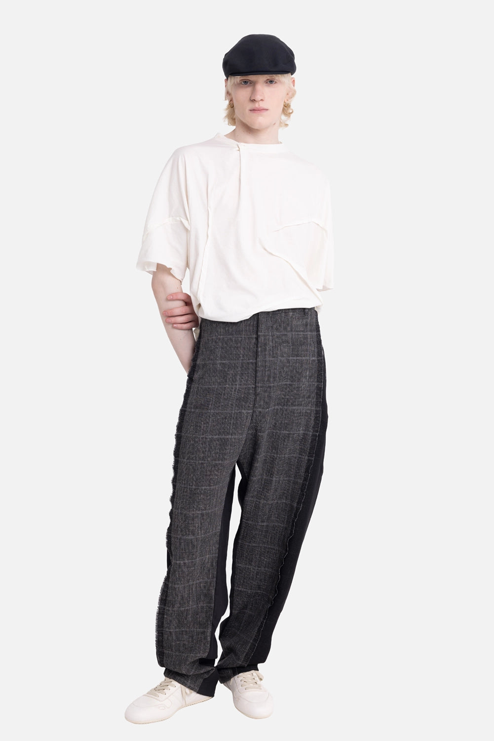 Giovanni Cavagna men's trousers in black check, on-model full length, tapered leg with white tee