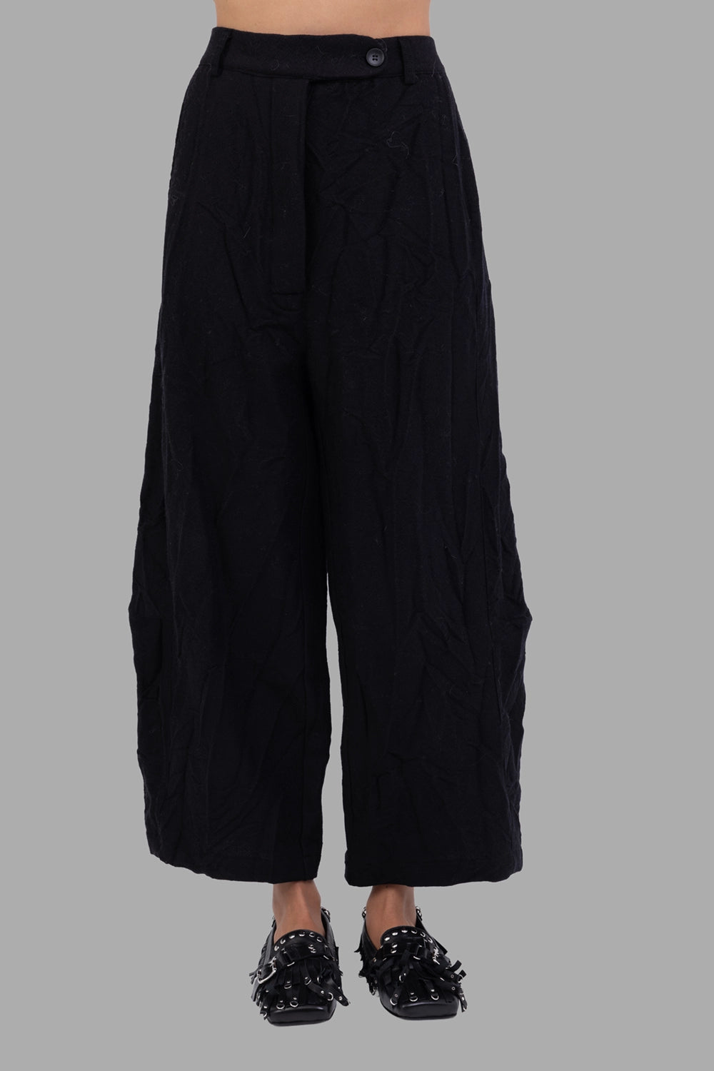 Marc Point women's trousers in black, front view, crinkled fabric and offset waist strap with button