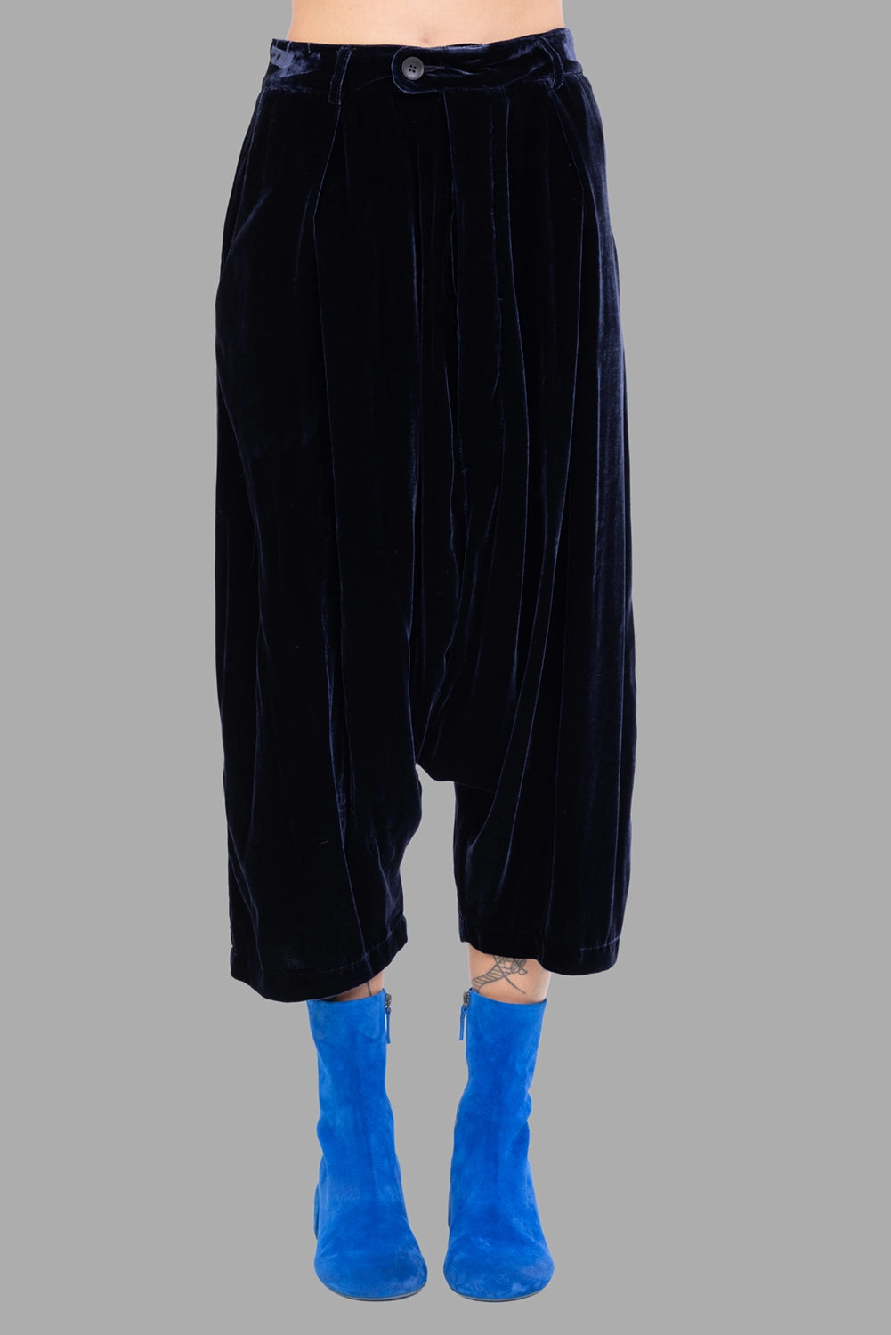 Marc Point women's velvet trousers in black, front view, low crotch with offset waist strap and deep pleats