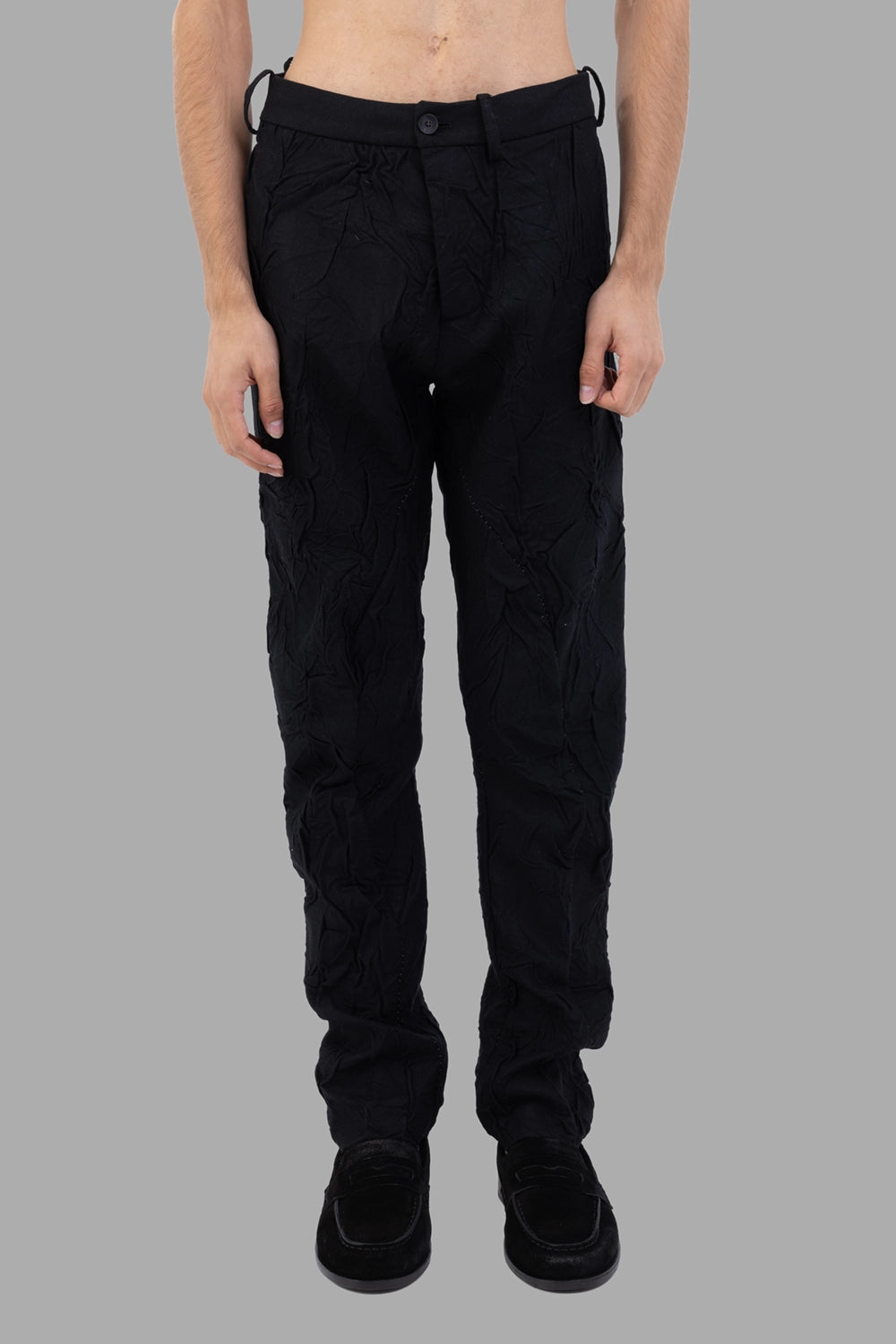 Masnada slim trousers in black, front view, clean waistband and button fly