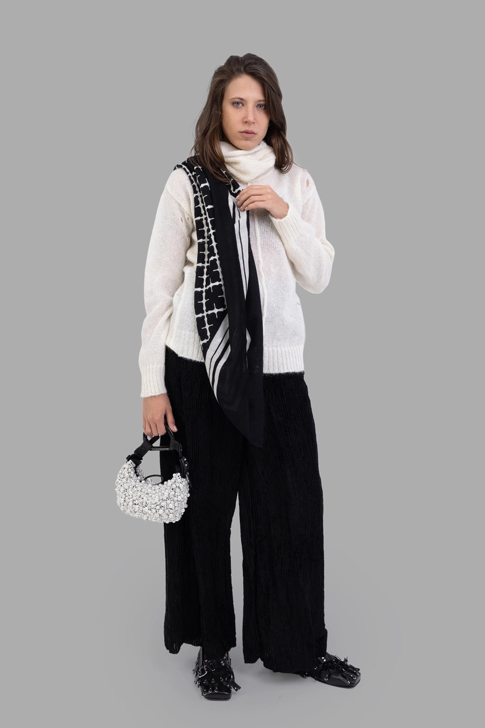 Masnada women wide-leg trousers in black, on-model full length, pleated velvet texture
