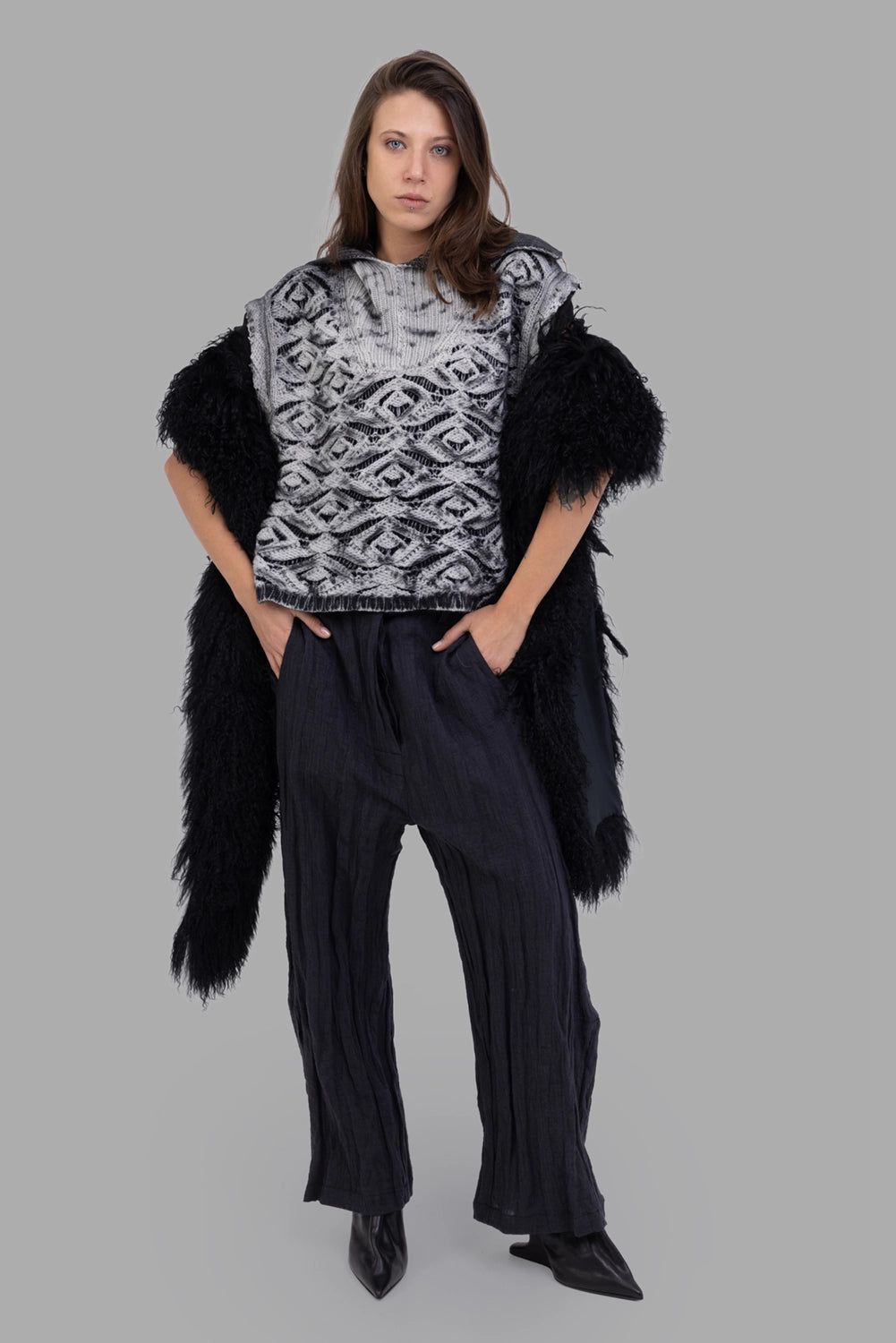 Marc Point women trousers in black, on-model full length, crinkled texture and relaxed straight leg