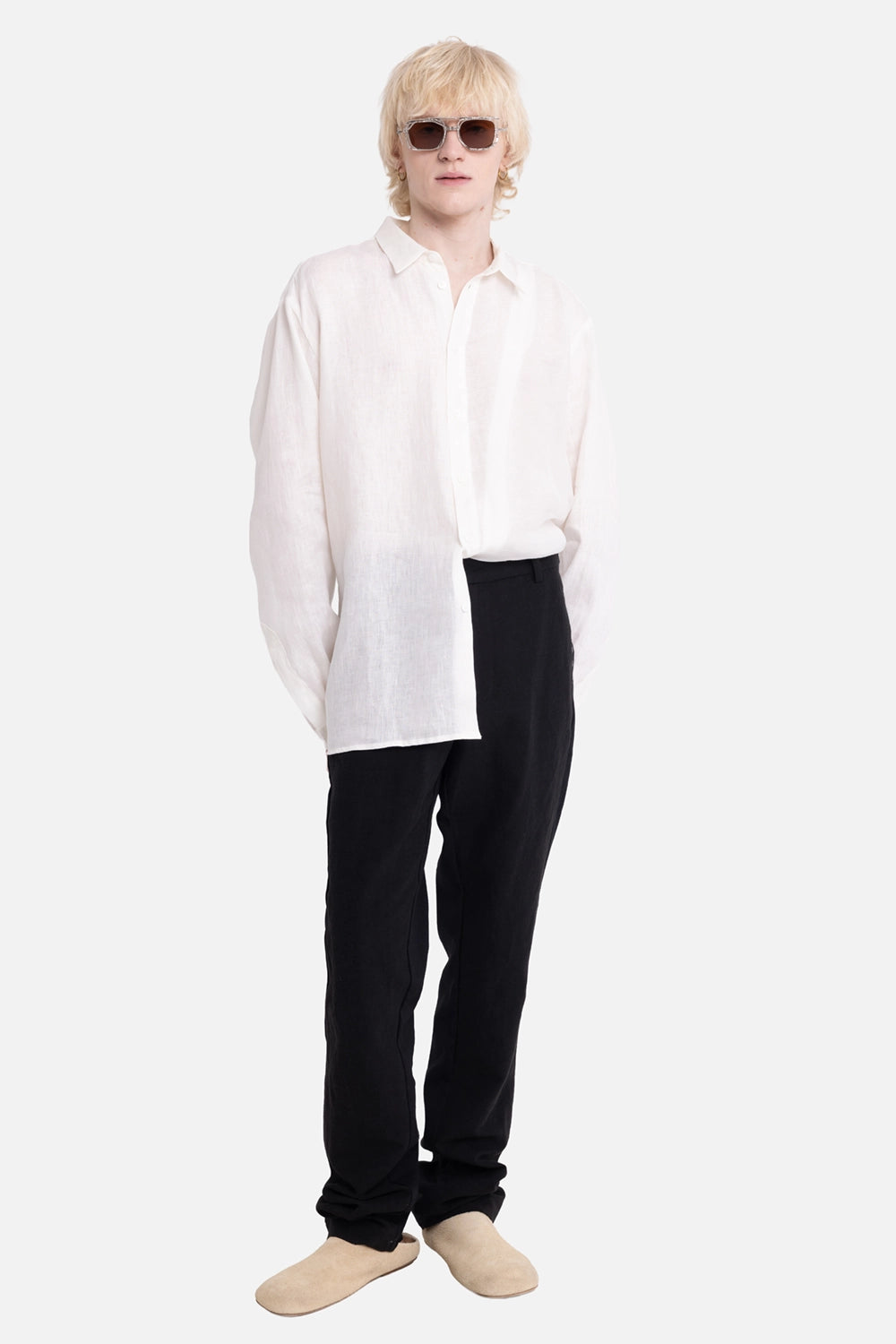 Giovanni Cavagna men's trousers in black, on-model full length, straight leg with white shirt