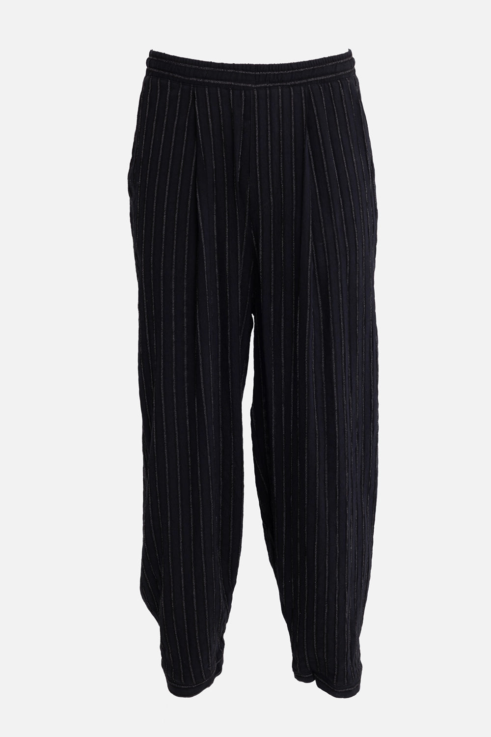 La Haine Inside Us unisex trousers in black stripe, front view with elastic waist and deep front pleats