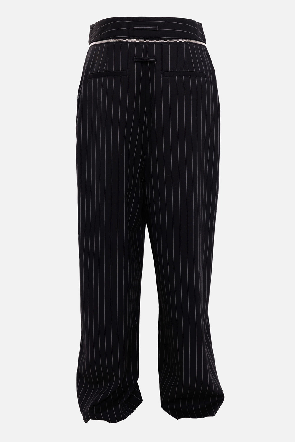 Jean Paul Gaultier women's trousers in black pinstripe, back view with welt pockets and zip-off waist