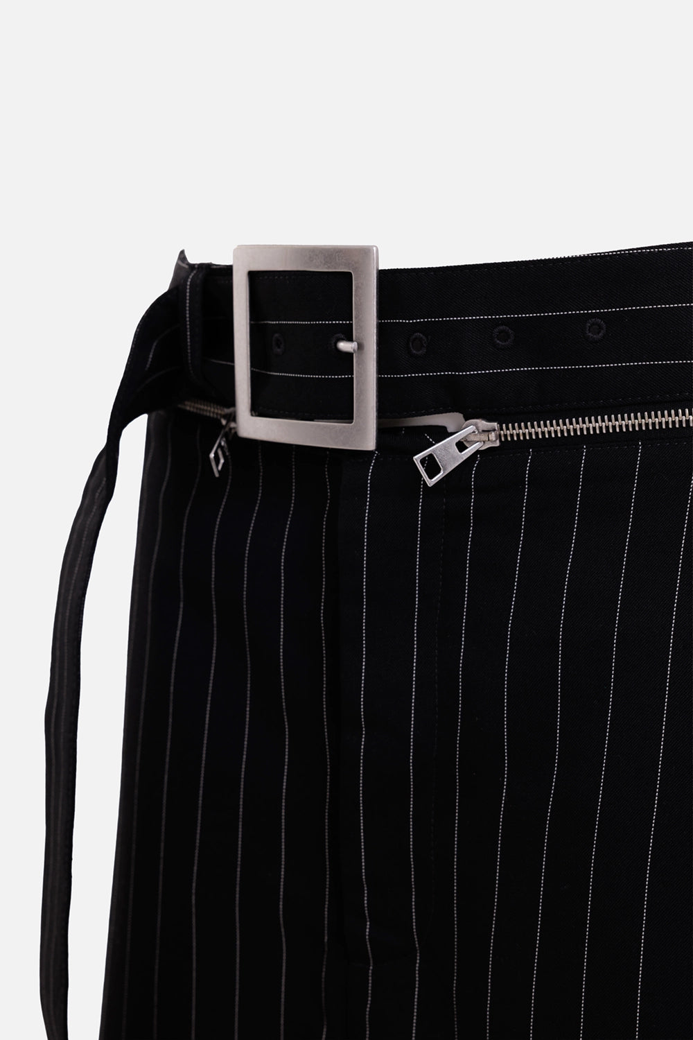 Jean Paul Gaultier women's trousers in black pinstripe, belt detail with square buckle and silver zipper