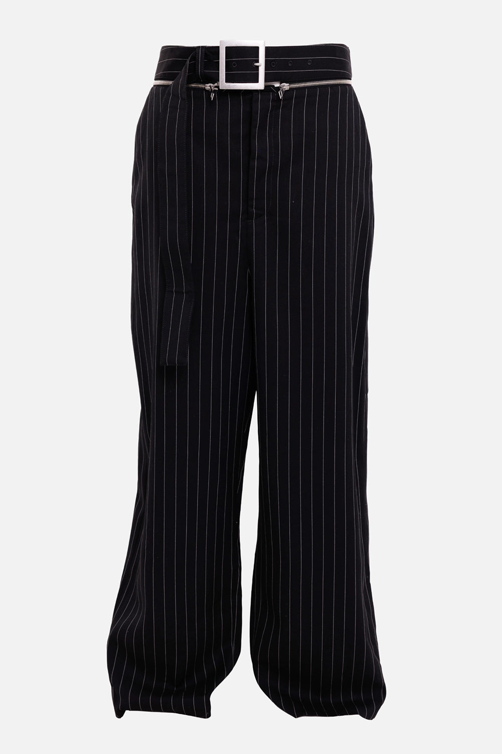 Jean Paul Gaultier women's trousers in black pinstripe, front view with square buckle belt and zip details