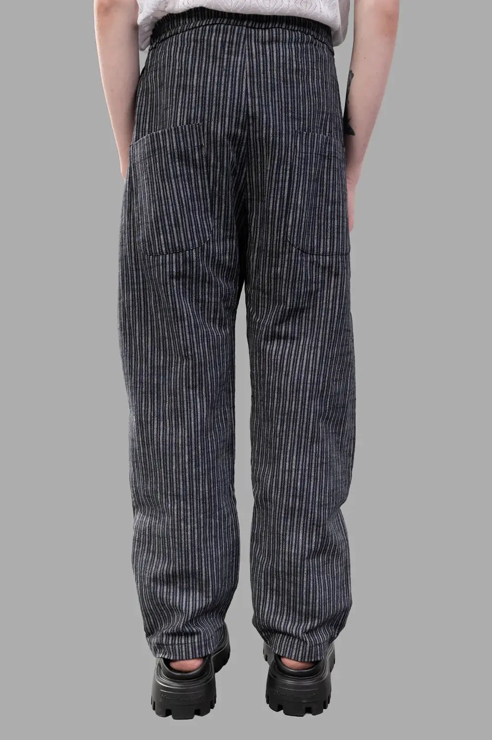 Marc Point trousers in grey-blue stripe, front view, fine vertical stripes and drawstring