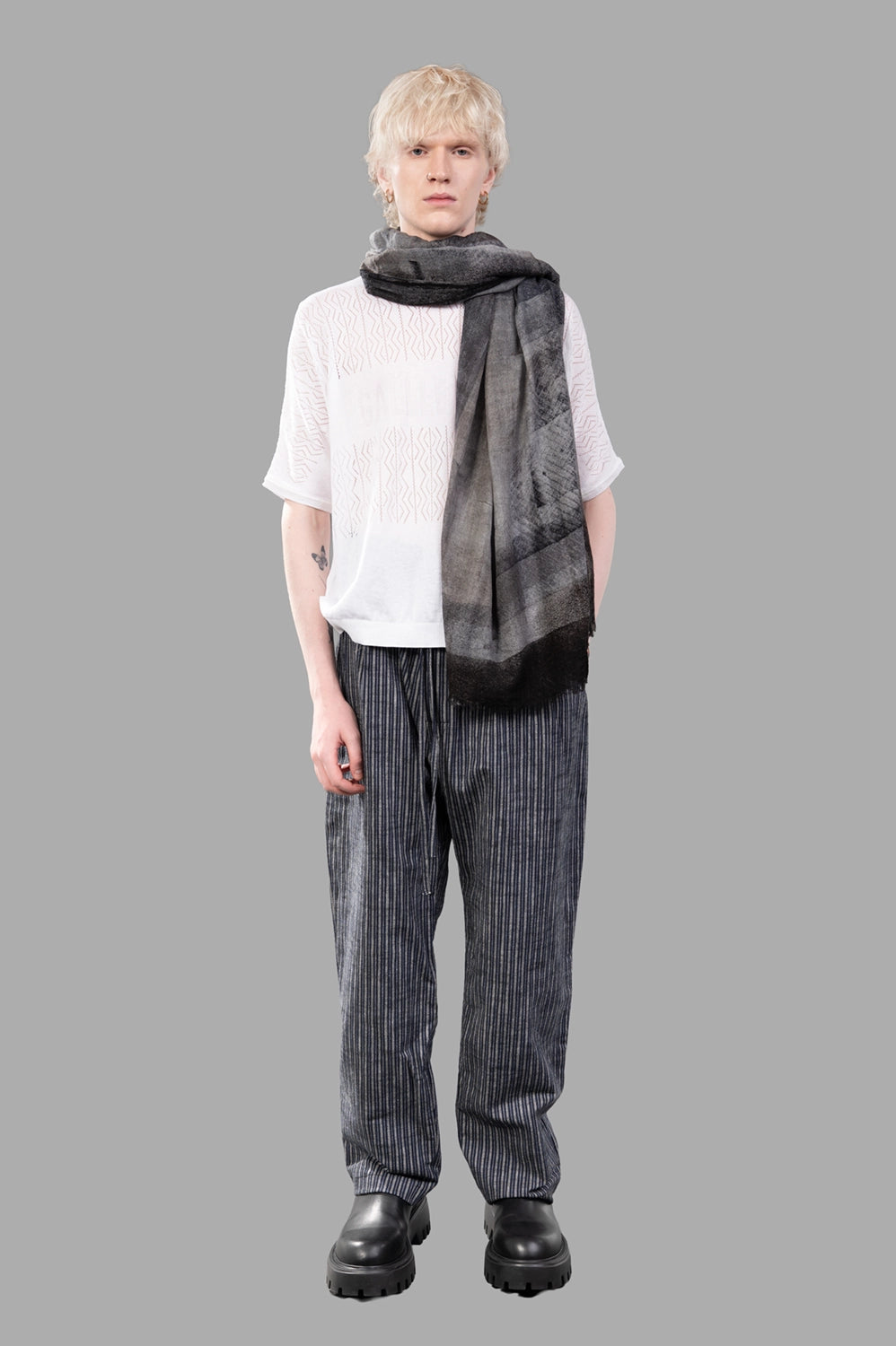 Marc Point trousers in grey-blue stripe, on-model full length, drawstring waist and straight leg