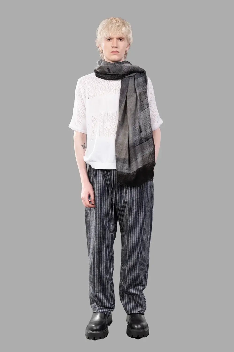 Marc Point trousers in grey-blue stripe, on-model full length, drawstring waist and straight leg