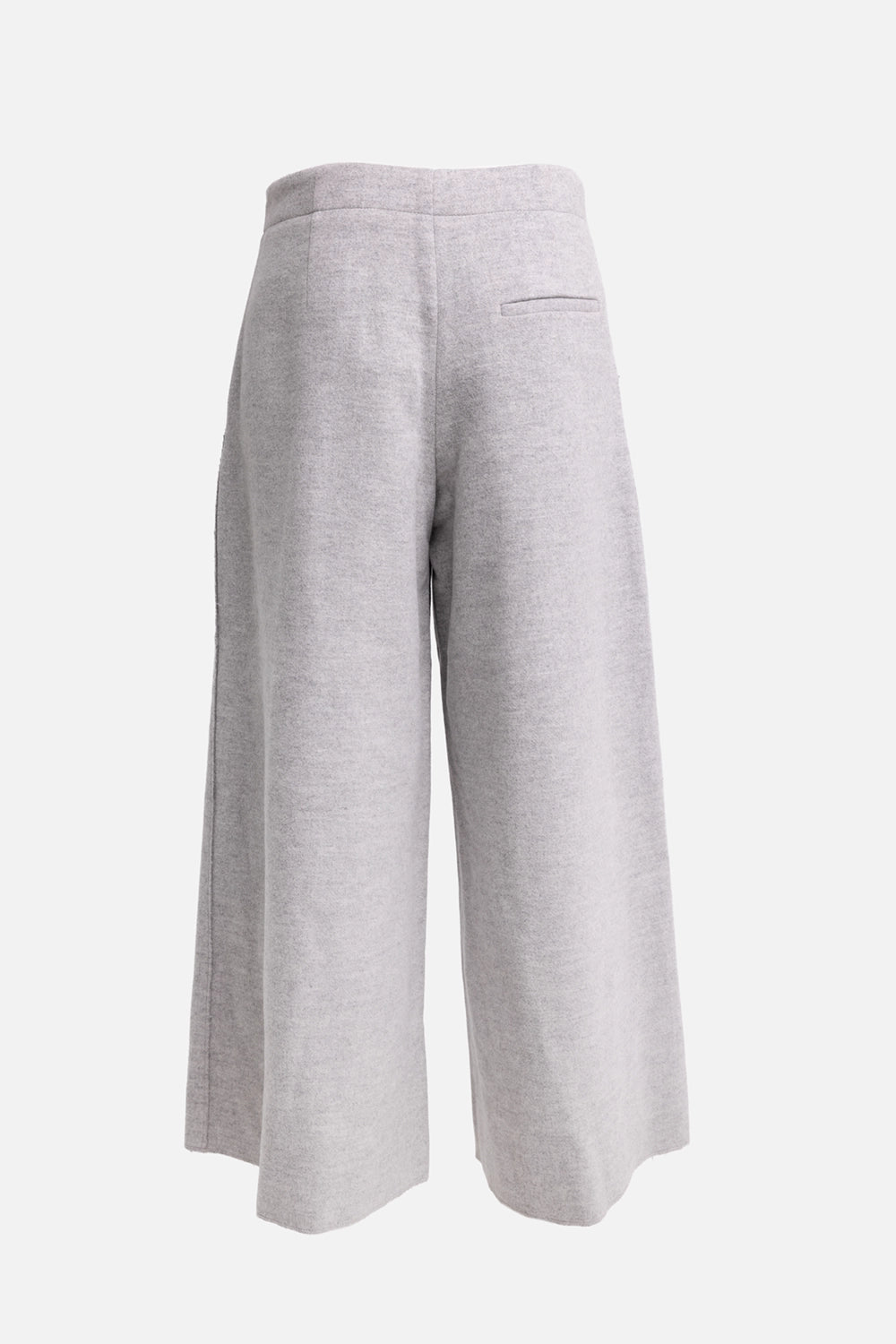 Pre-owned JOSEPH women's cropped wool trousers in light grey, back view, clean waistband and single welt pocket.