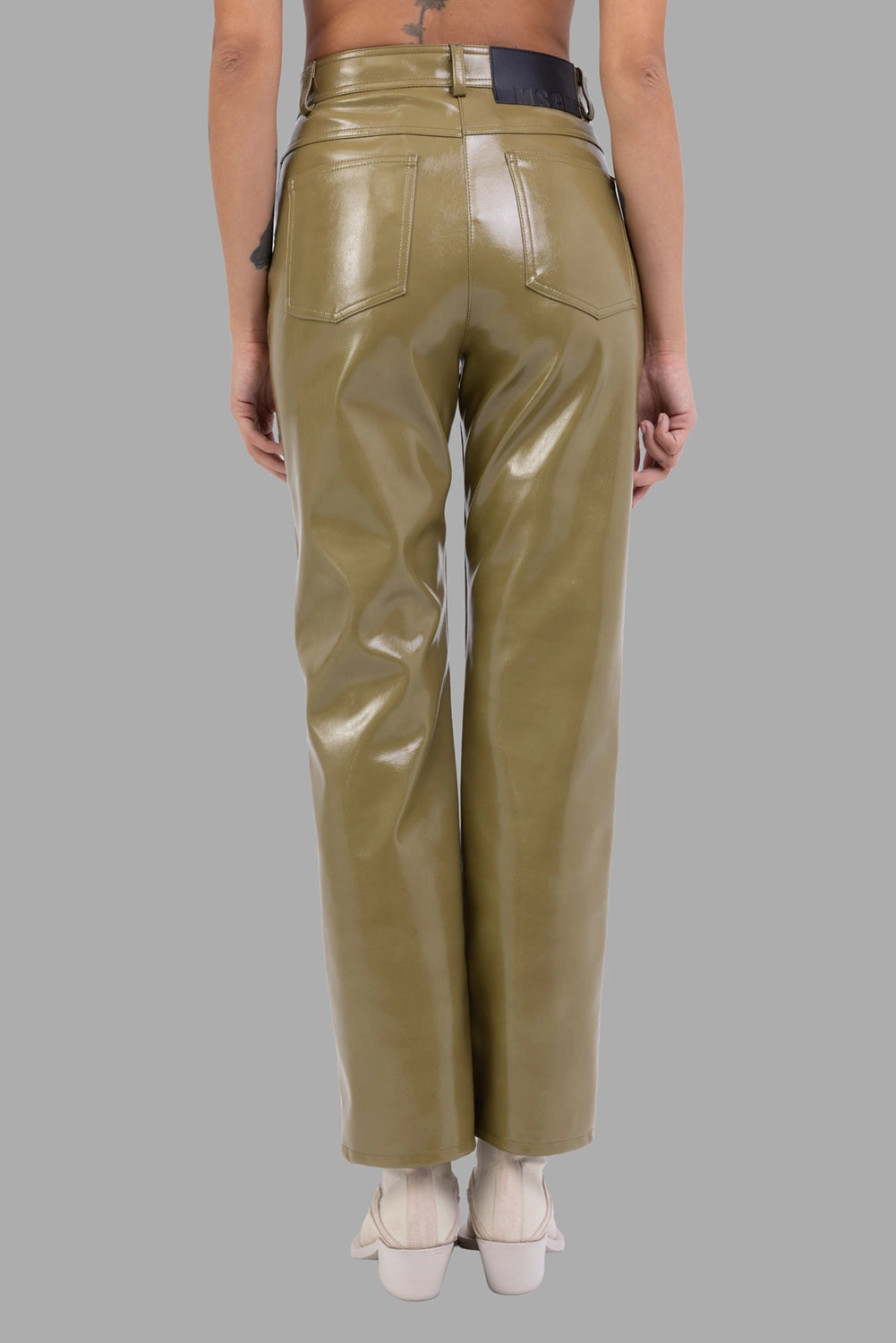 MSGM women vinyl trousers in olive, back view, straight leg and logo patch at waistband.
