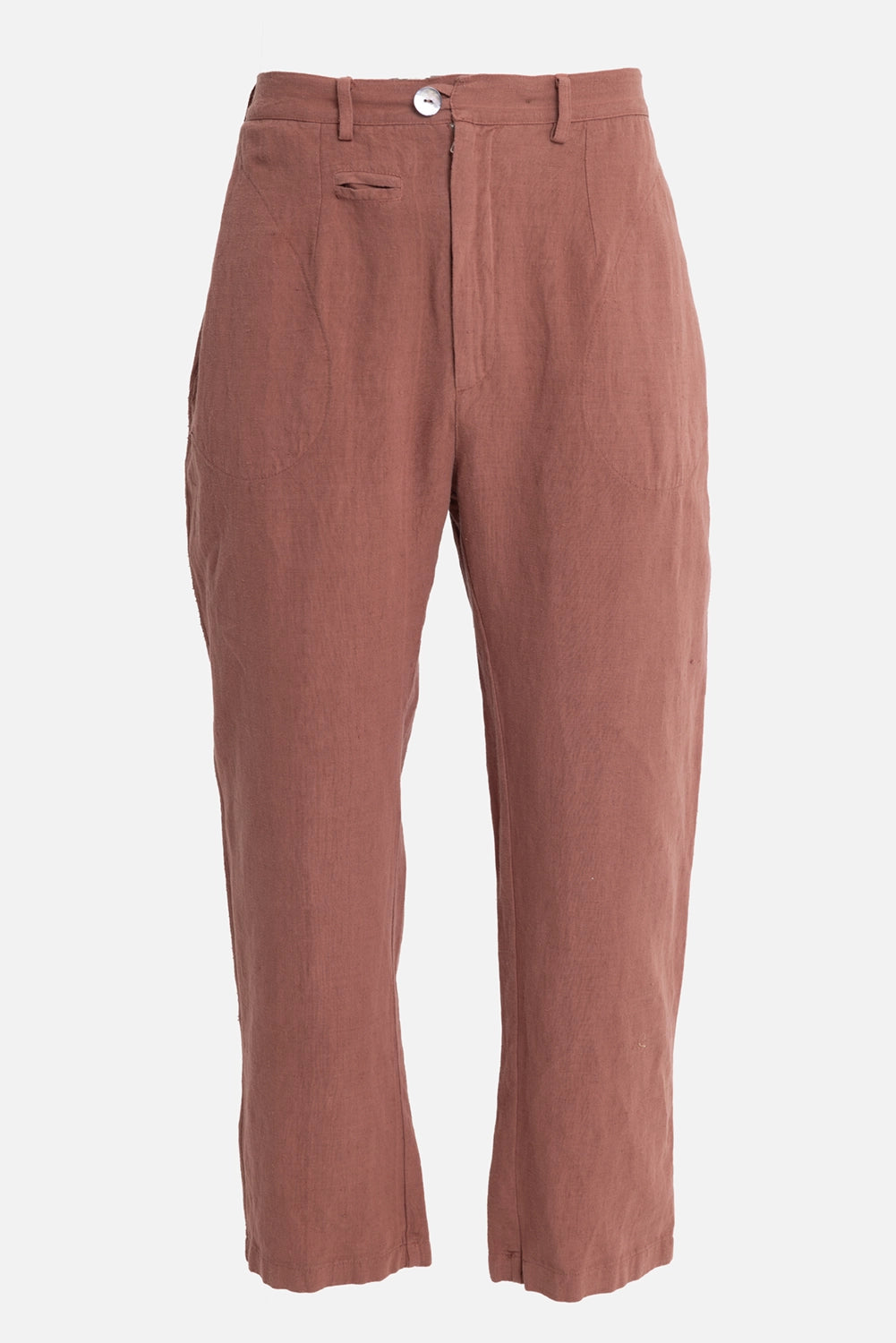 Vuscichè men's trousers in rust, front view, belt loops, curved pockets and concealed fly