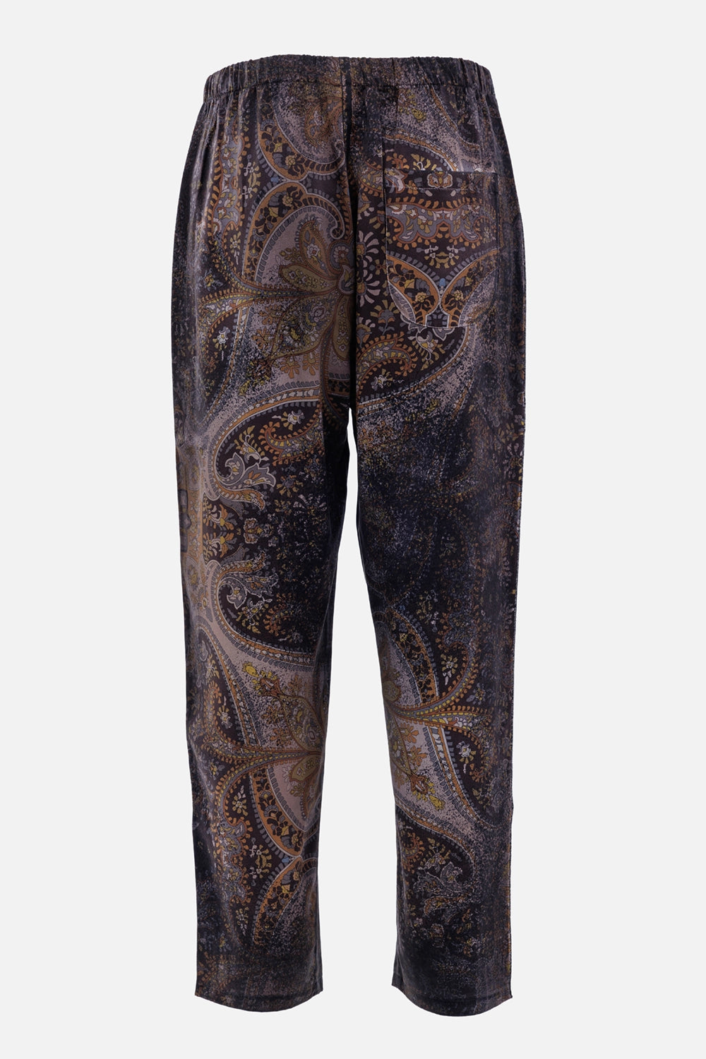 Avant Toi women's Yak silk trousers, back view with paisley pattern, elasticated waist and patch pocket