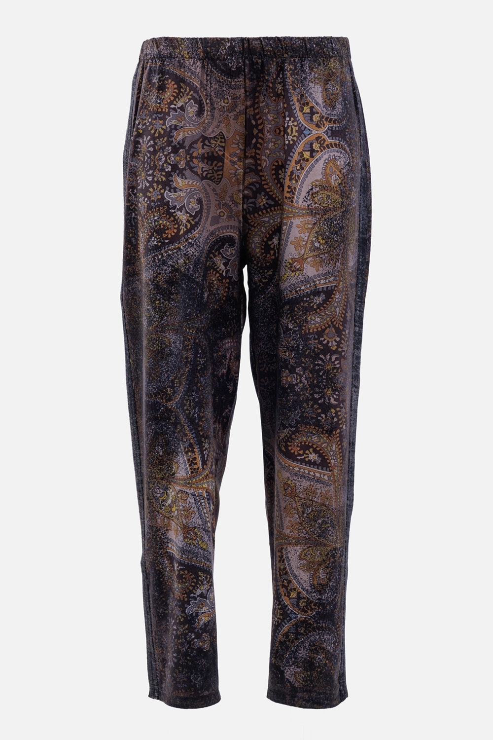Avant Toi women's Yak silk trousers, front view with paisley jacquard and elasticated waistband