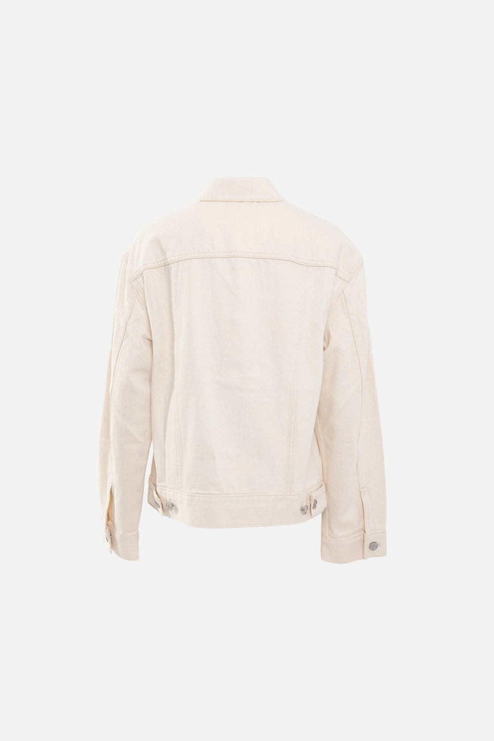 Helmut Lang women's trucker jacket in ecru, back view, back yoke seam with adjustable hem tabs