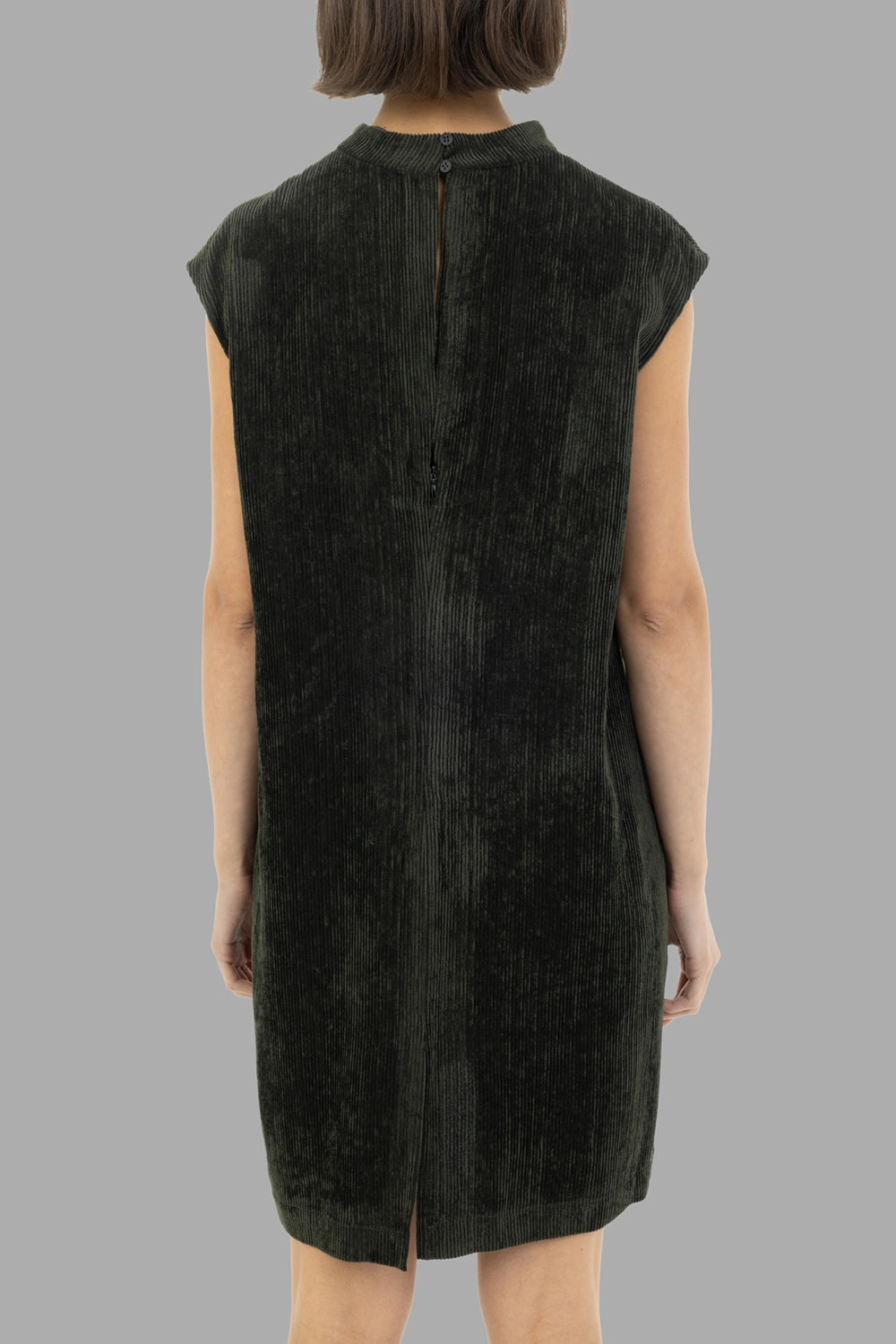 GentryPortofino women's velvet tunic dress in Mastice, back view, keyhole button and center seam with vent.