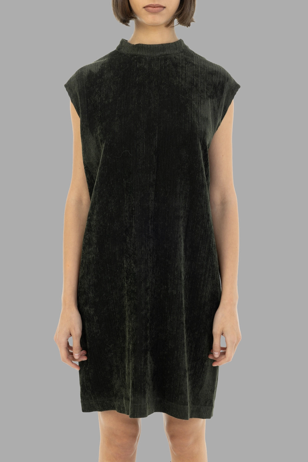 GentryPortofino women's velvet tunic dress in Mastice, front view, ribbed mock neck and soft A-line drape.
