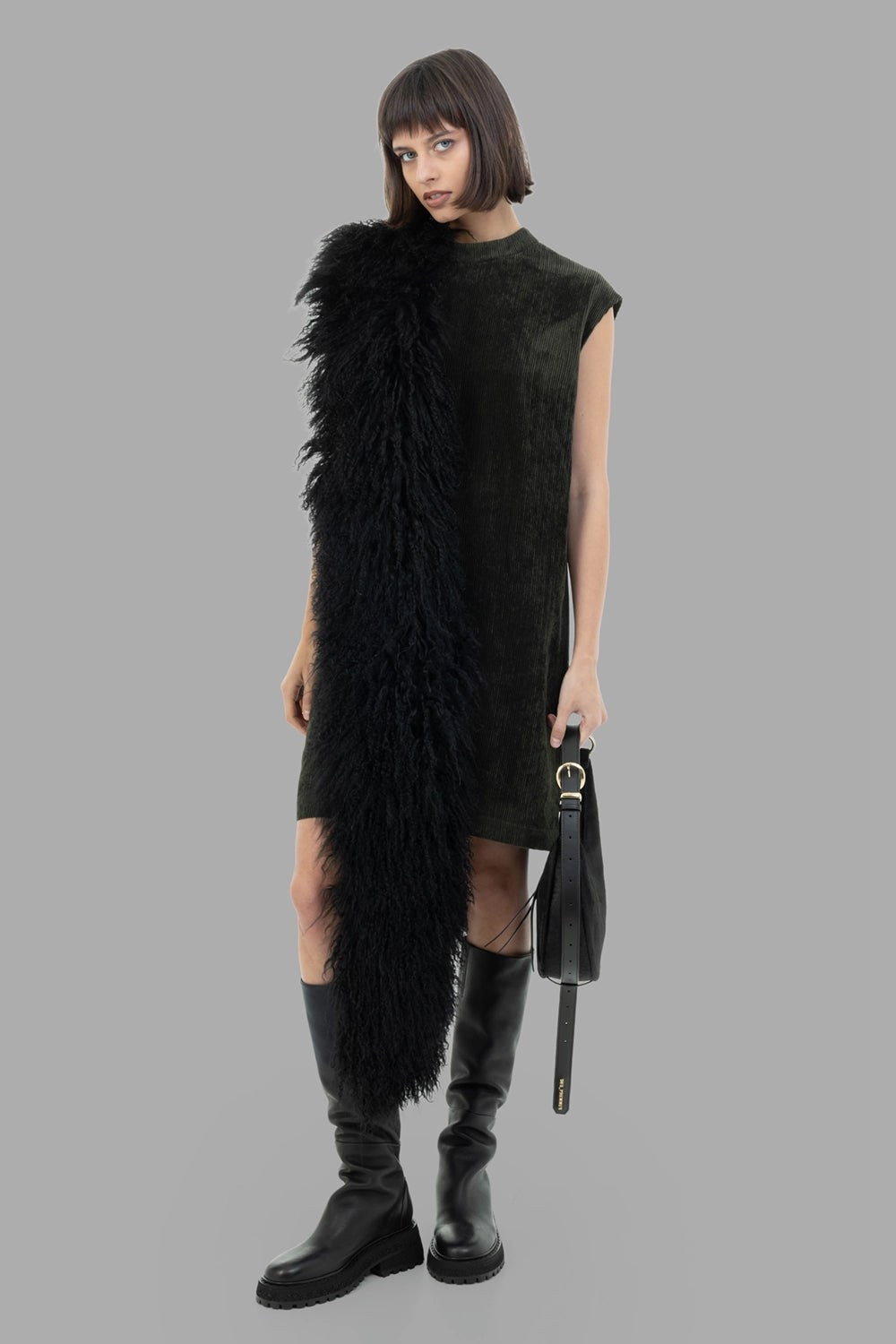 GentryPortofino women's velvet tunic dress in Mastice, full-length on model, mock neck and cap sleeves.