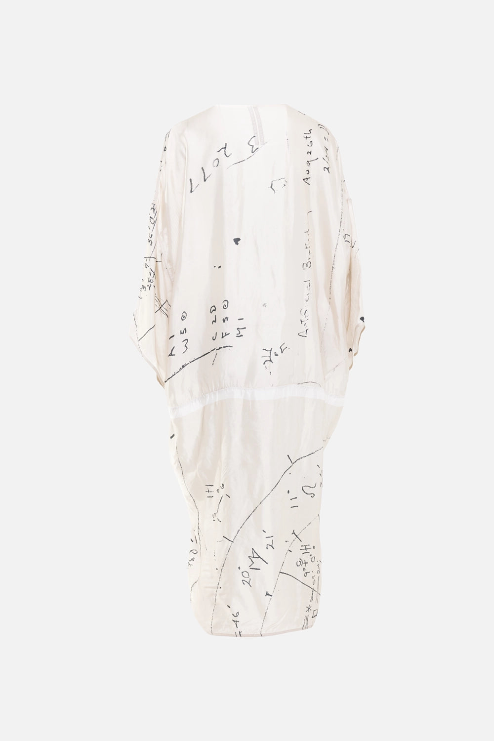 Rick Owens womens tunic in milk/black, back view, oversized drape with abstract sketch print and wide sleeves
