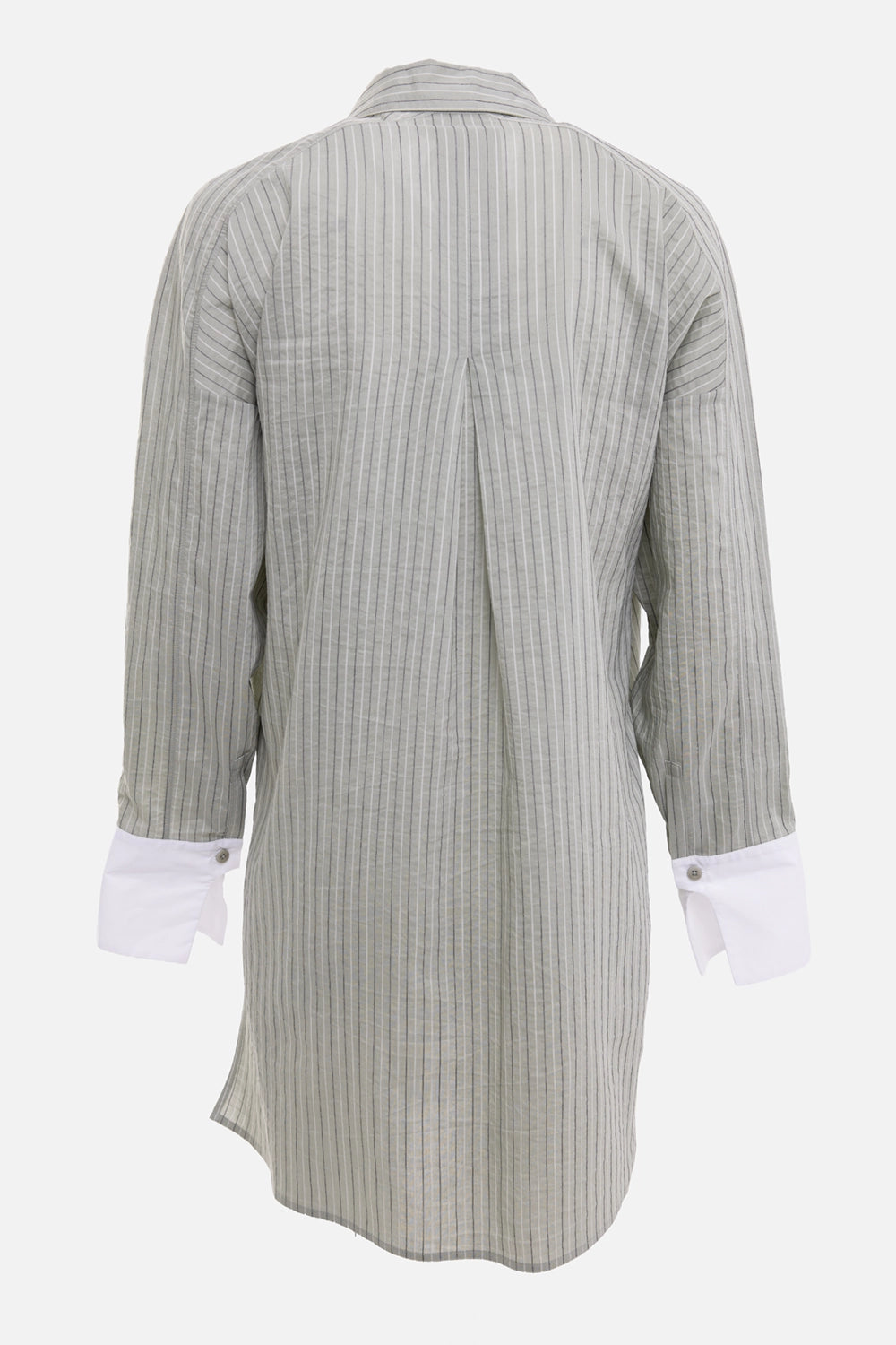 Siyu women's tunic shirt in sage and white, back view, center box pleat and buttoned white cuffs