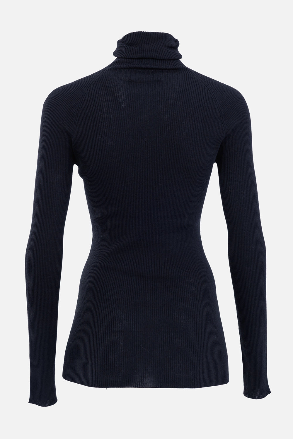 Gentry Portofino women's black turtleneck sweater, back view with fine ribbing and raglan-style shoulders