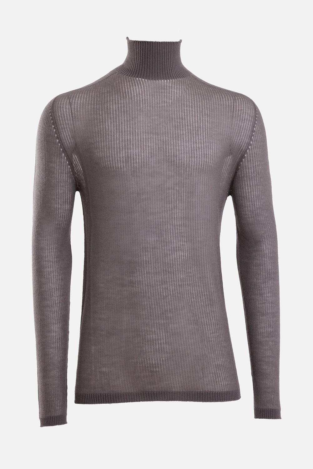 Rick Owens men's turtleneck sweater in Drk Pearl, front view with tall ribbed collar and translucent fine knit