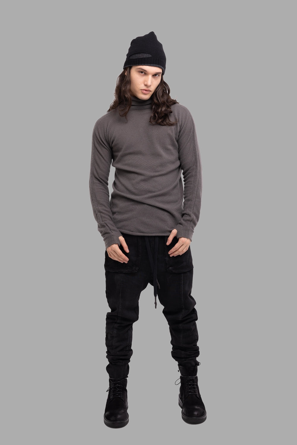 Isaac Sellam Experience men’s turtleneck sweater in kaki, on-model full length, longline cut and slim sleeves