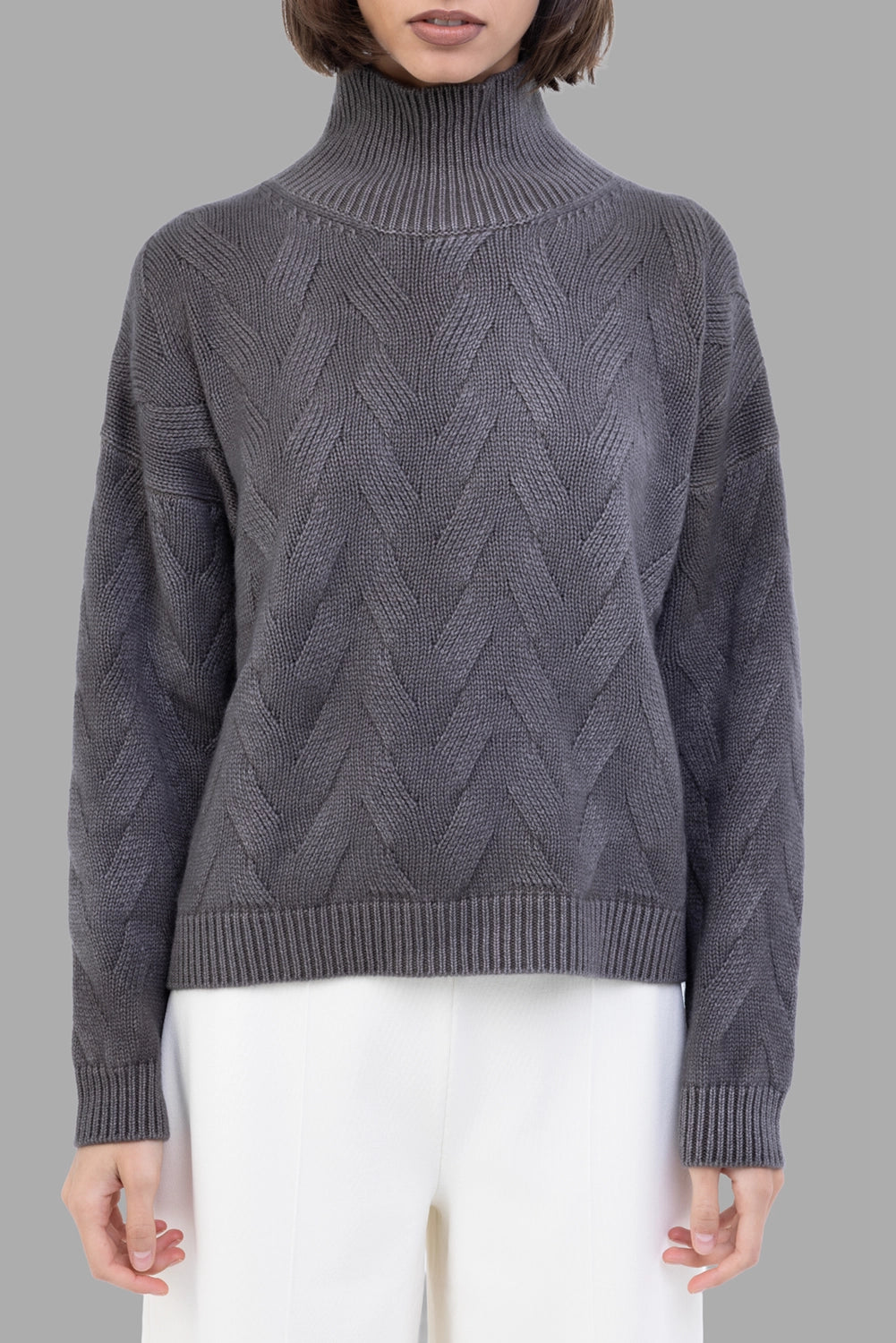 GentryPortofino women's turtleneck sweater in Mastice, front view, chevron knit texture and tall ribbed neck