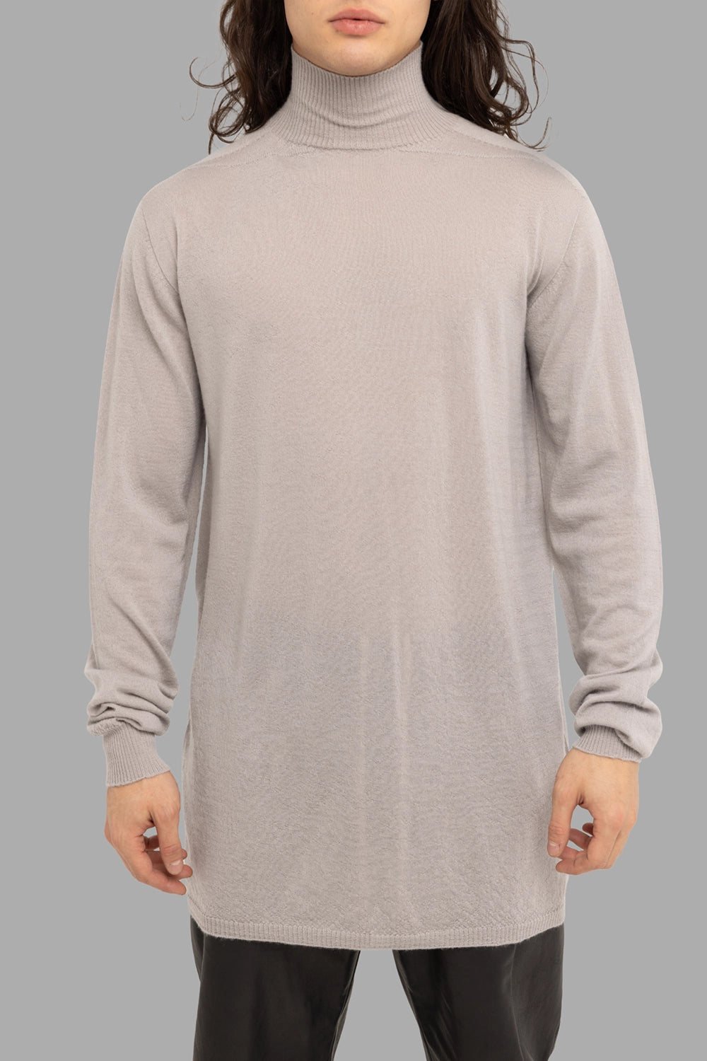 Rick Owens men’s turtleneck sweater in Pearl, front view, fine-gauge knit with ribbed cuffs and hem