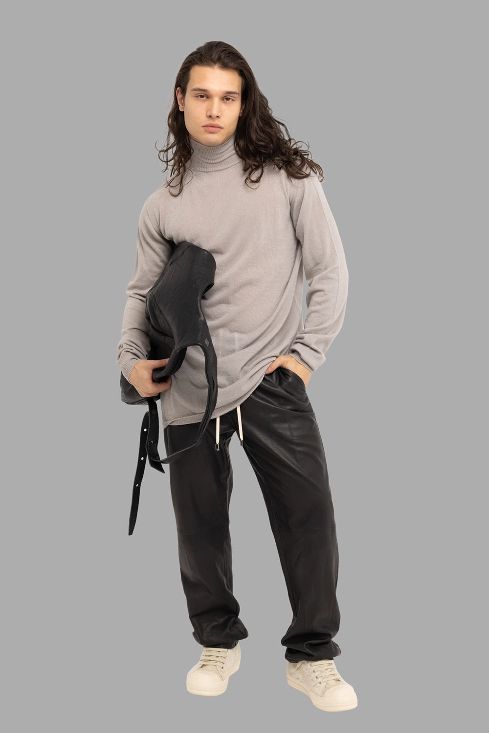 Rick Owens men’s turtleneck sweater in Pearl, on-model full length, ribbed rollneck and longline fit
