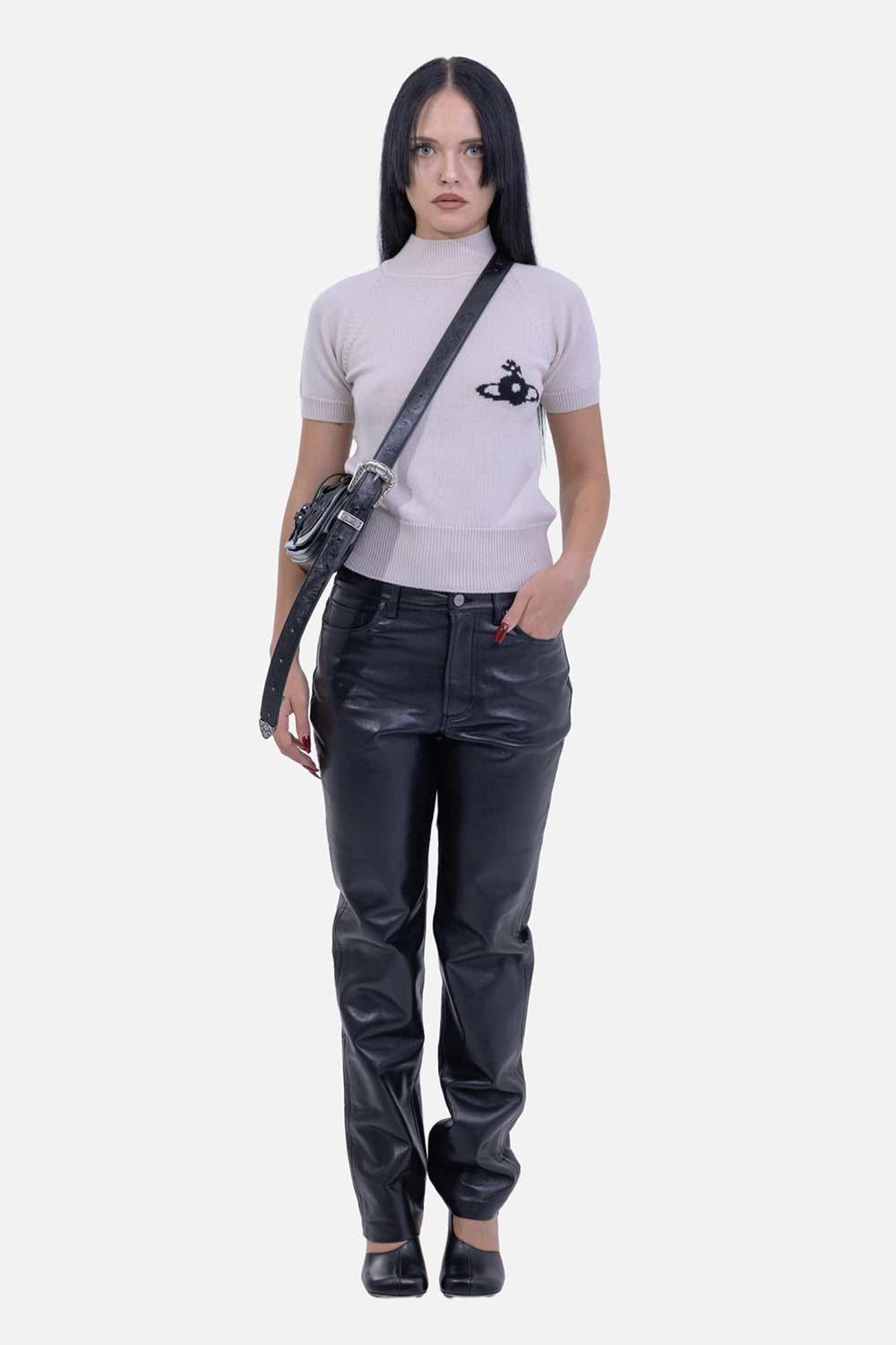 Vivienne Westwood women's Limestone turtleneck top, on-model view with black Orb motif and short sleeves