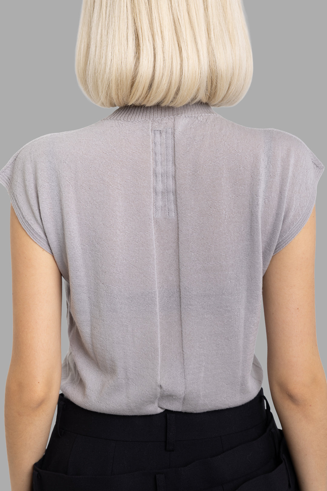 Rick Owens women's pearl sleeveless turtleneck top, back view showing vertical knit channel and rib hem