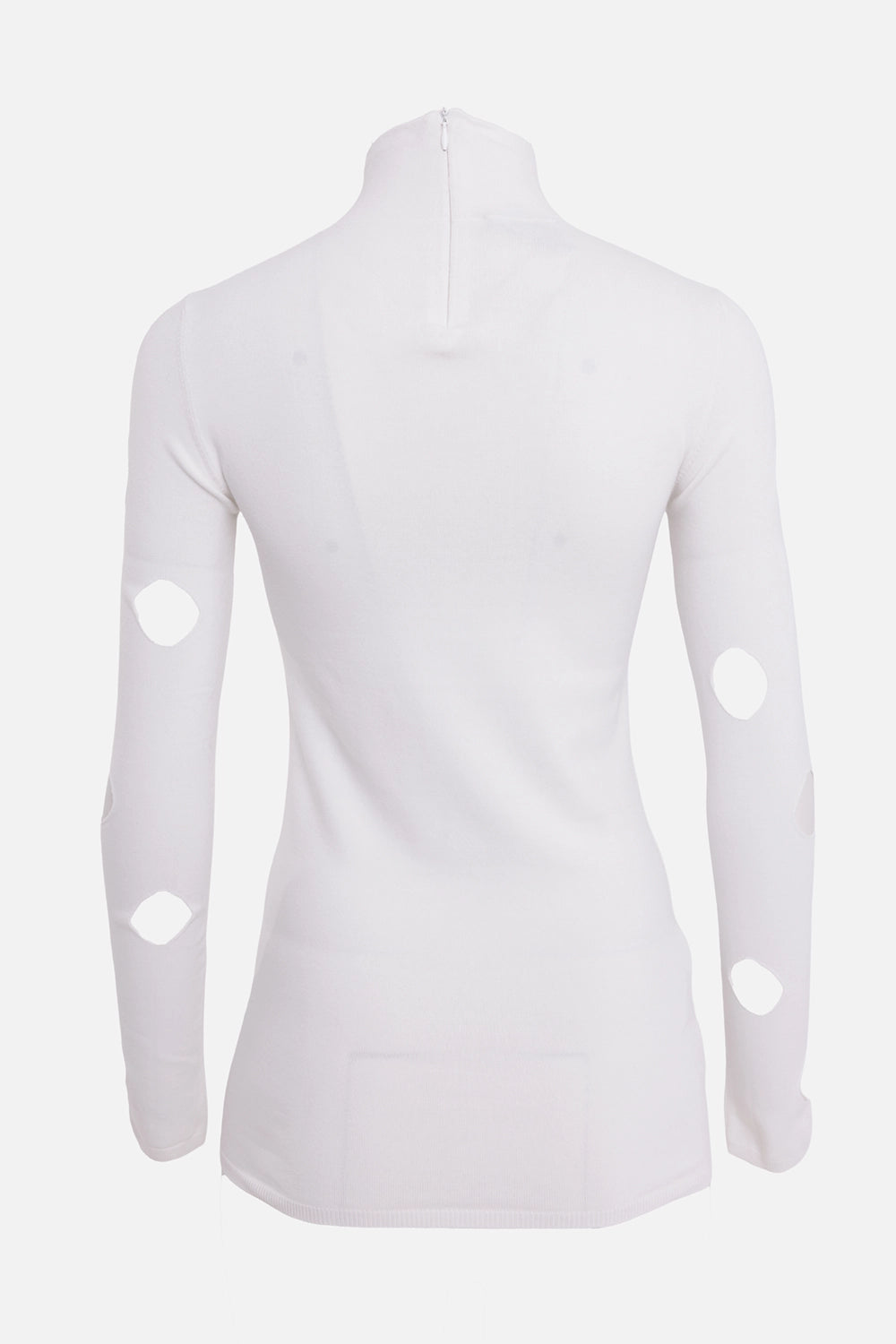 Prada turtleneck top in white, back view, rear neck zip and circular sleeve cutouts