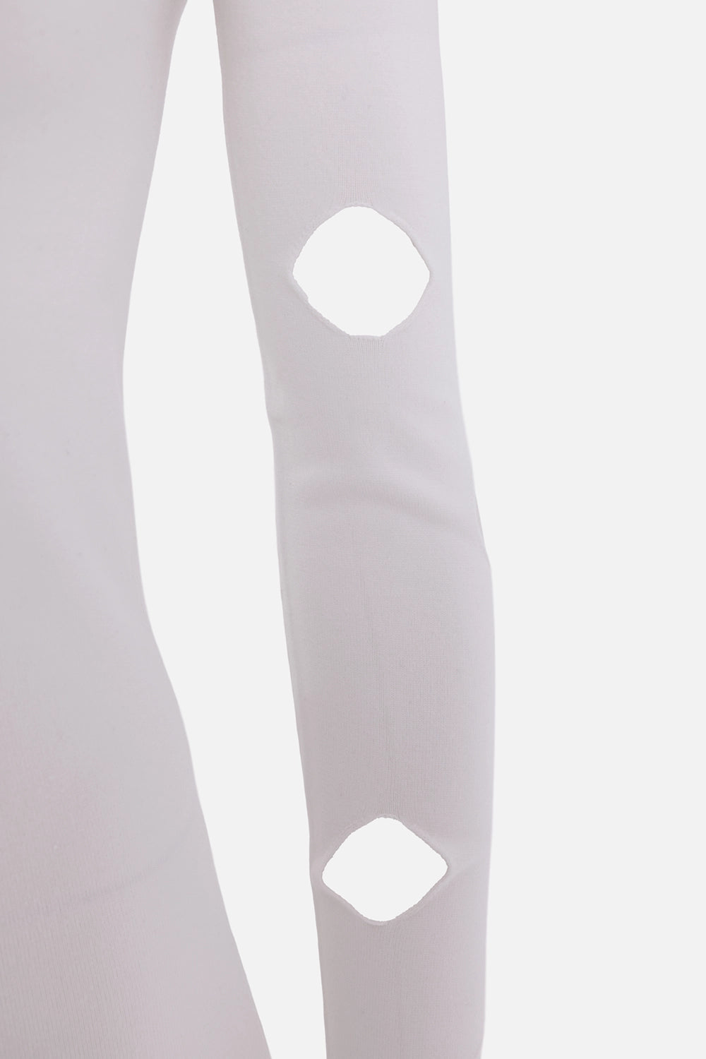 Prada turtleneck top in white, sleeve detail, circular cutouts on ribbed knit sleeve