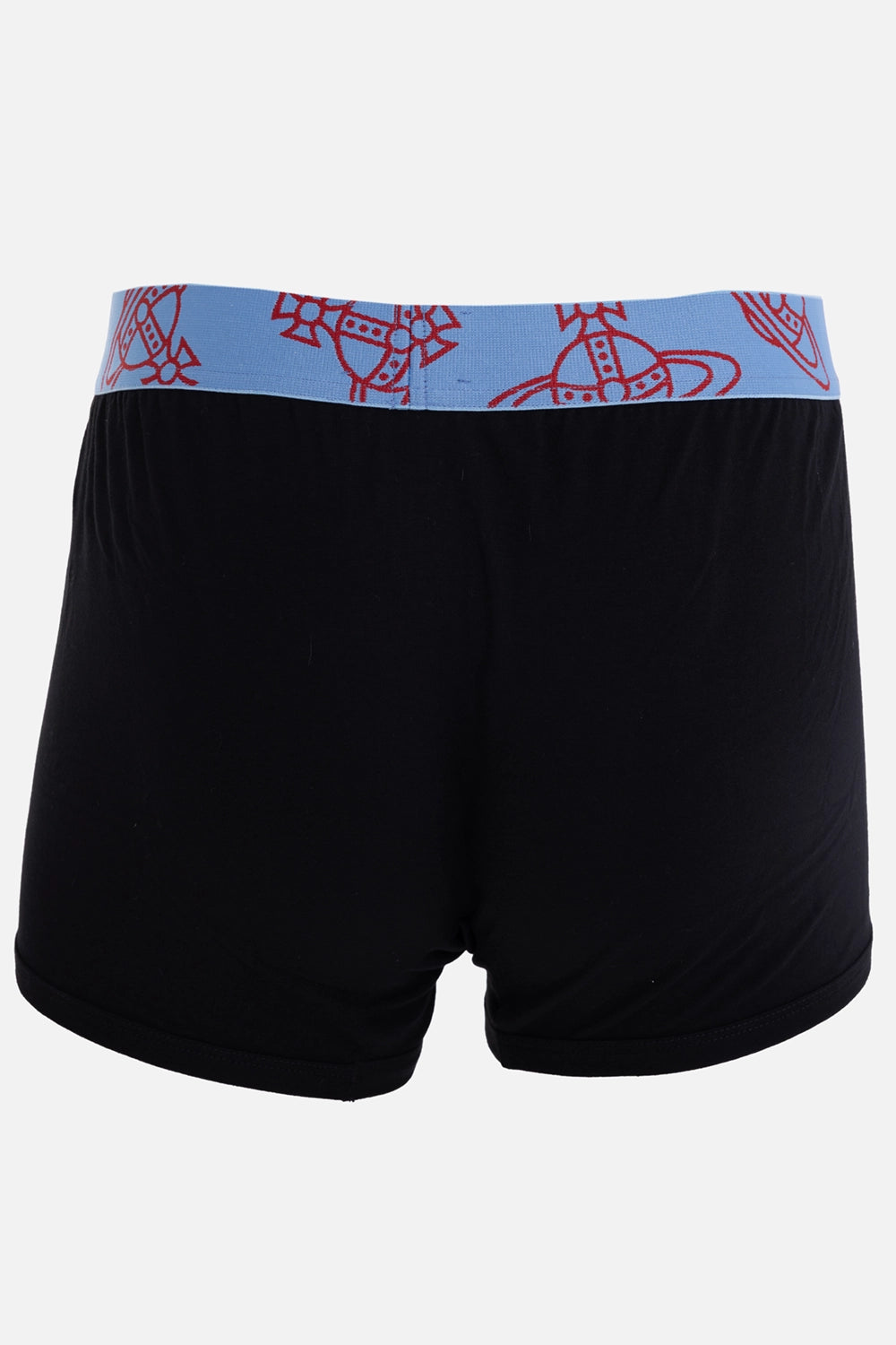 Vivienne Westwood men's boxer briefs in black, back view with blue Orb-print waistband